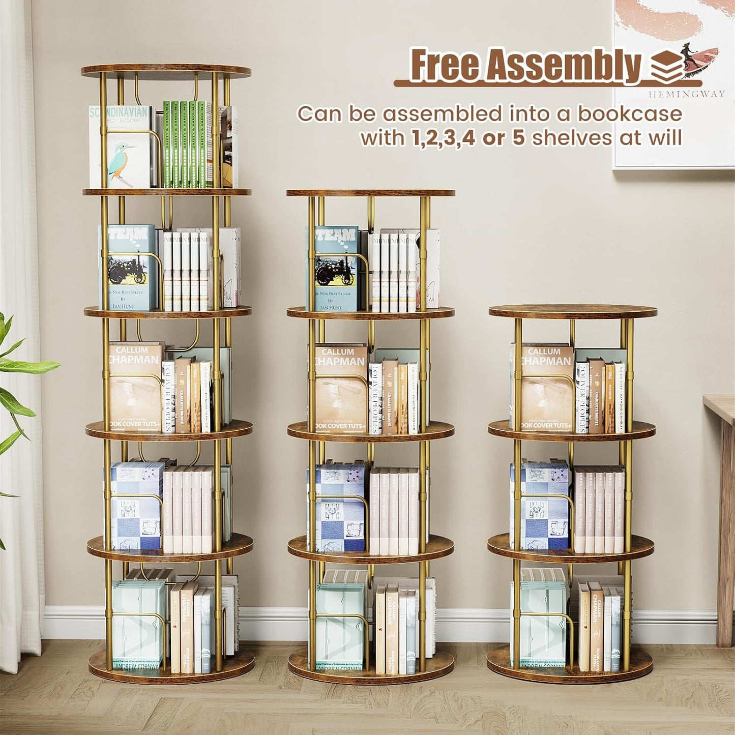 Rotating Bookshelf, 3 Tier Round Revolving Bookcase with Special Visible Partition Storage, 360° Display Spinning Bookshelf Tower Storage Organizer Rack for Bedroom, Living Room, Small Space, Gold