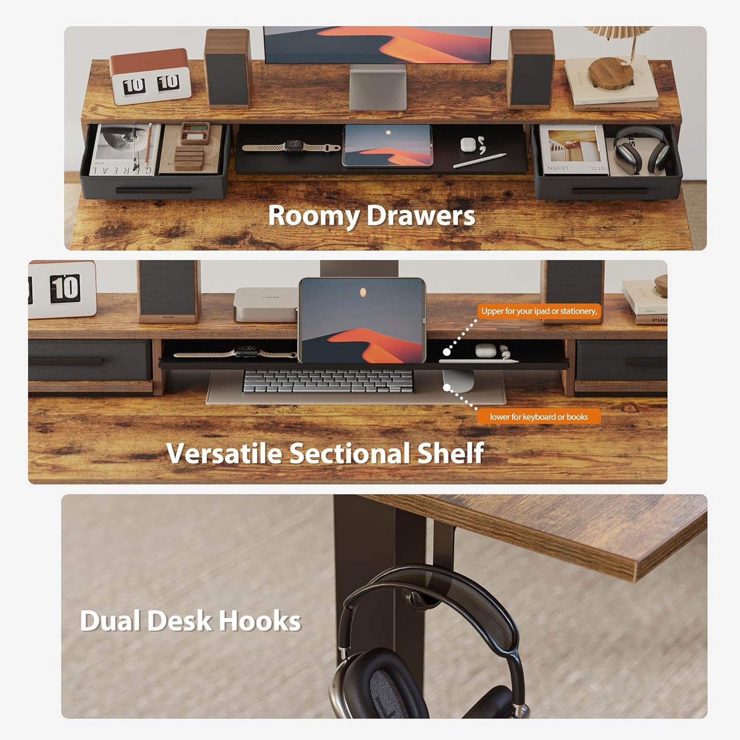 Agilestic 48 Inch Electric Standing Desk with Drawers, Adjustable Desk with Storage Shelf, Stand Up Home Office Computer Table, Splice Board, Rustic Brown