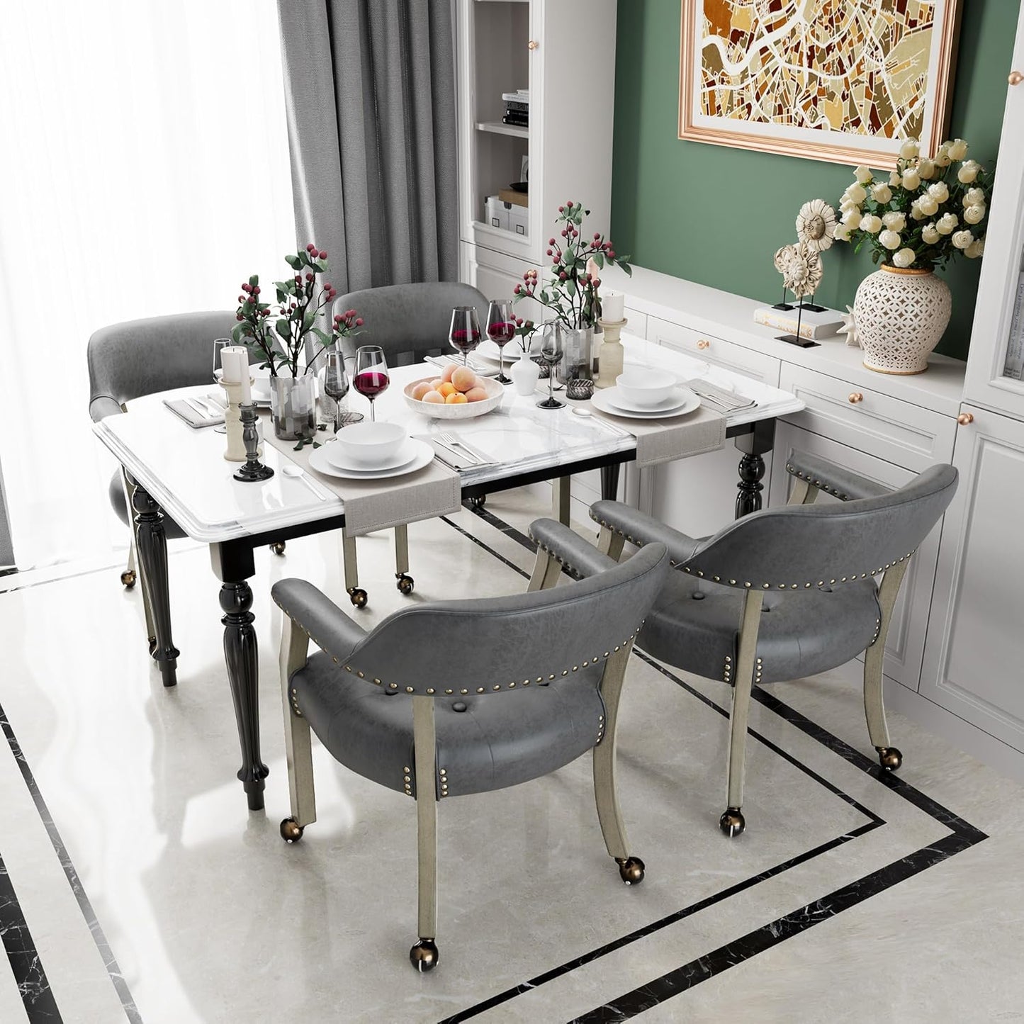 LEEMTORIG Large Dining Chairs with Casters and Arms, Rolling Dining Chairs with Wheels, Wood Boss Caption's Chairs, 26" D x 25.2" W x 31.5" H, Grey Legs & Dark Grey Fabric SY-1318-GY