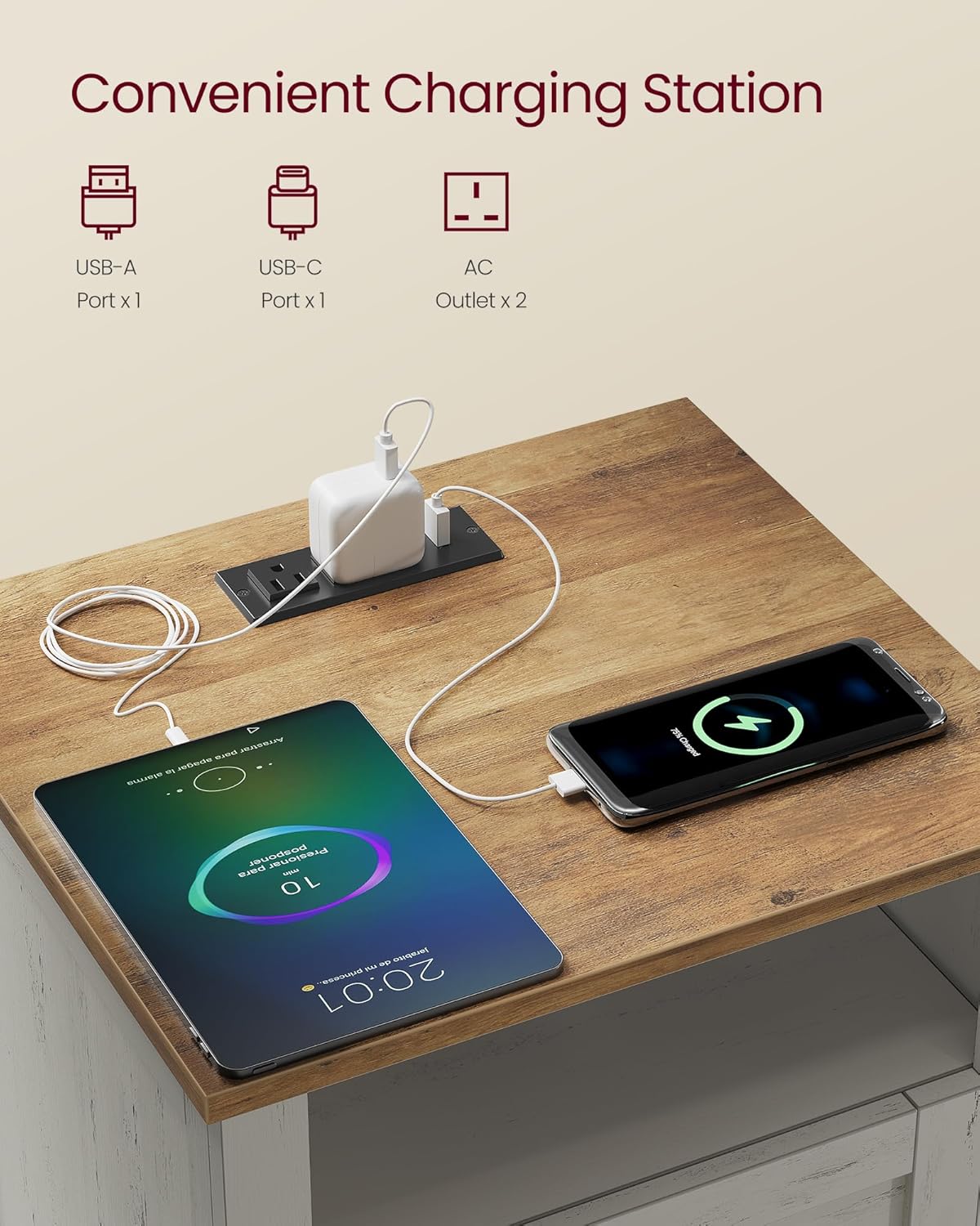 VASAGLE LIRY Collection - Farmhouse Nightstands with Charging Station, Set of 2 Bedside Tables, Side Tables with 2 Drawers, Open Compartment, for Bedroom, Rustic White and Honey Brown ULET869W01