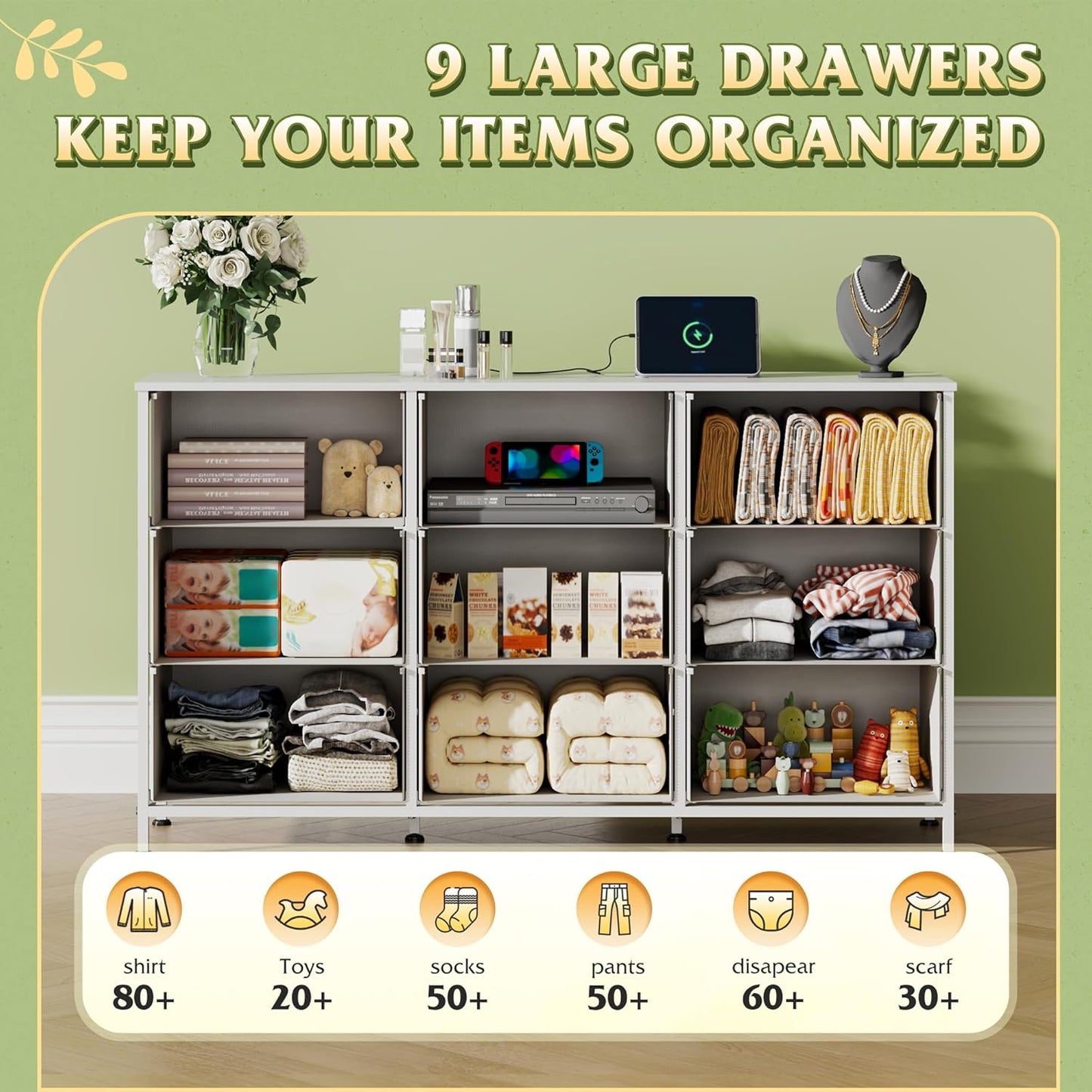 WLIVE 47''W Dresser for Bedroom, White Dresser TV Stand for 45, 50, 55 inch TV, Wide Chest of Drawers with 9 Drawer, Large Entertainment Center, Fabric Dressers with Wood Top for Closet, Living Room