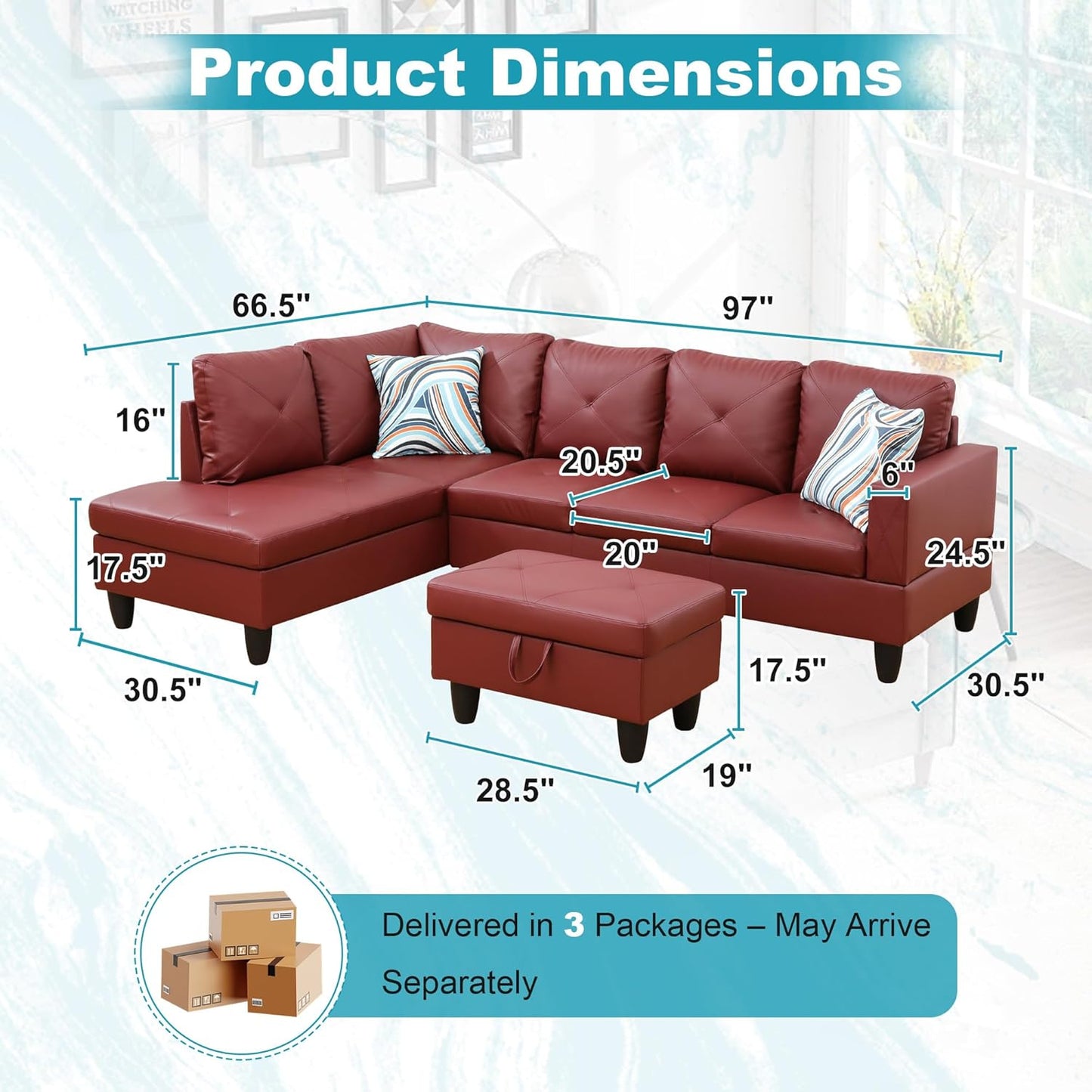 97" Oversized Sectional Couch, L Shaped Couch with Storage Ottoman, Modern Modular Sofa with Deep Seat, Sectional Couches for Living Room and Office, Red (Faux Leather)