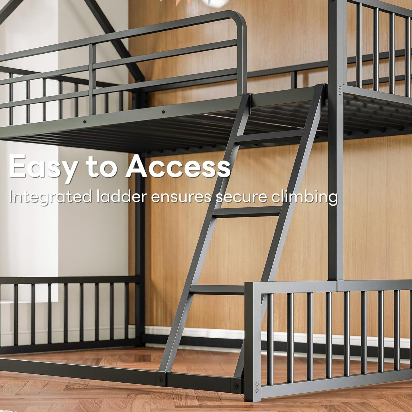 LIKIMIO Bunk Bed Twin Over Full Size, House Bunk Bed Frame with Ladder and Guardrail, House Shaped with Metal Slats Support No Box Spring Needed Space Saving for Bedroom and Dorm, Black