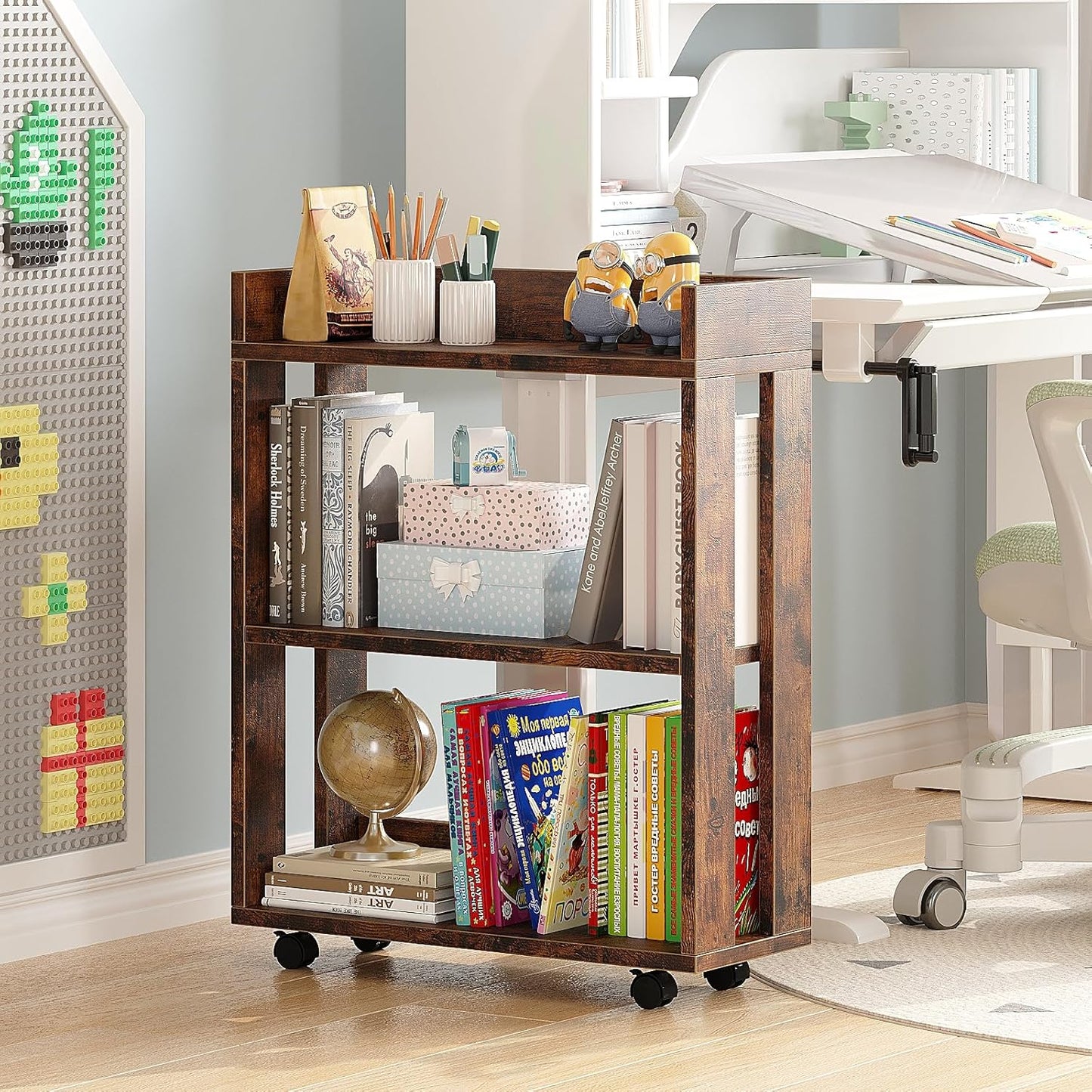 ALISENED 3 Tier Nightstand with Wheels, Wood Small Bookshelf and Bookcase, Farmhouse Bedside End Table with Storage Rack for Bedroom, Library, Living Room, Home, Office Cart, Rustic