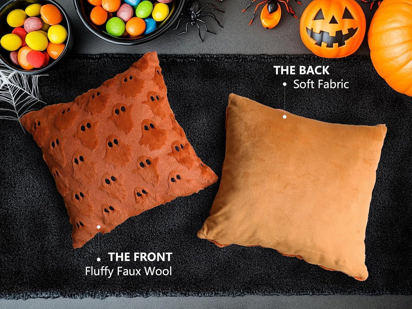 4TH Emotion Halloween Ghost Decorative Pillow Covers 18x18 Set of 2, Rust Red Soft Plush Faux Fur Farmhouse Throw Cushion Cases for Fall Autumn Holiday Home Decorations