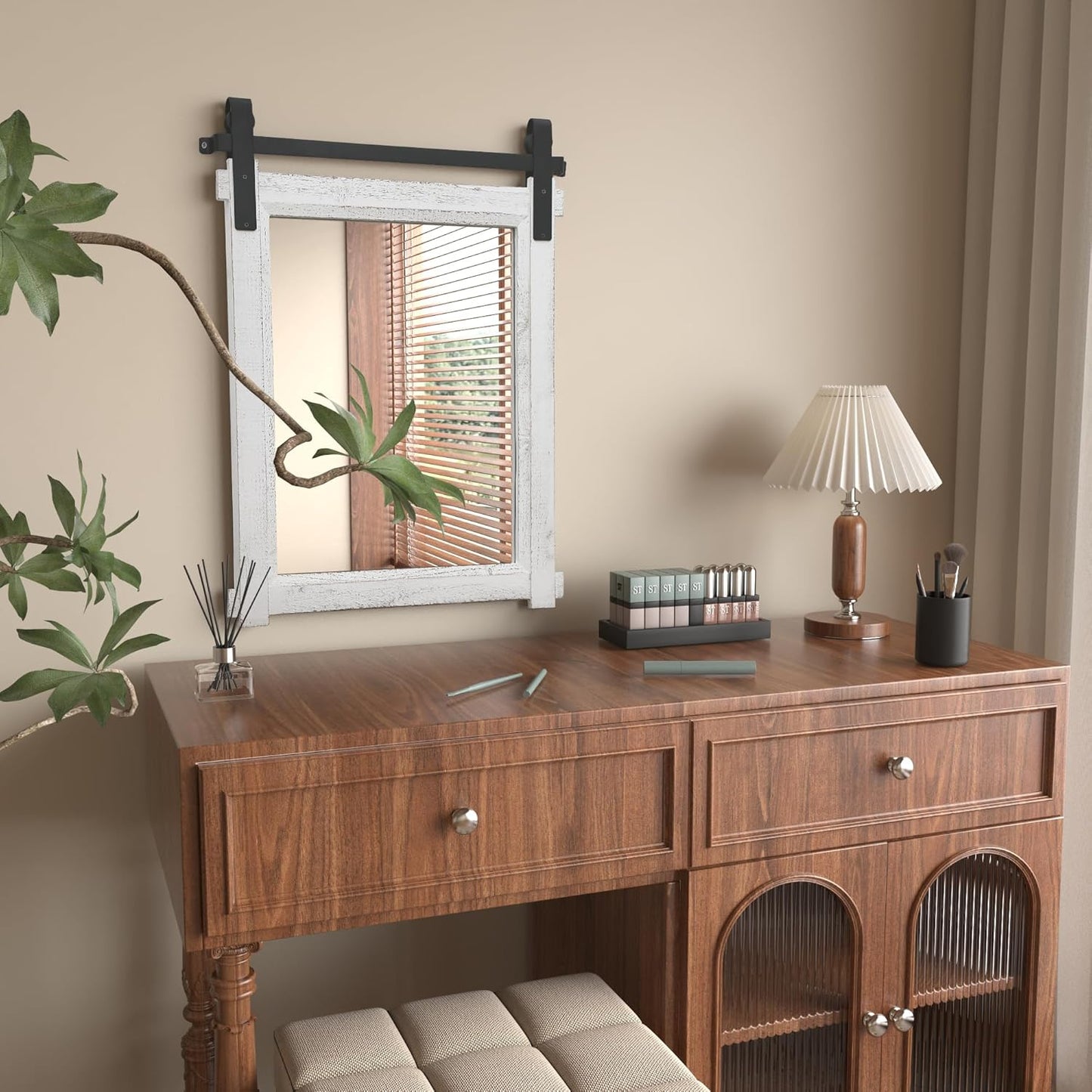 Farmhouse Barn Door Mirror: 22"x30" White Rustic Wood Frame Mirror for Wall - Home Decor for Entryway/Bathroom/Living Room