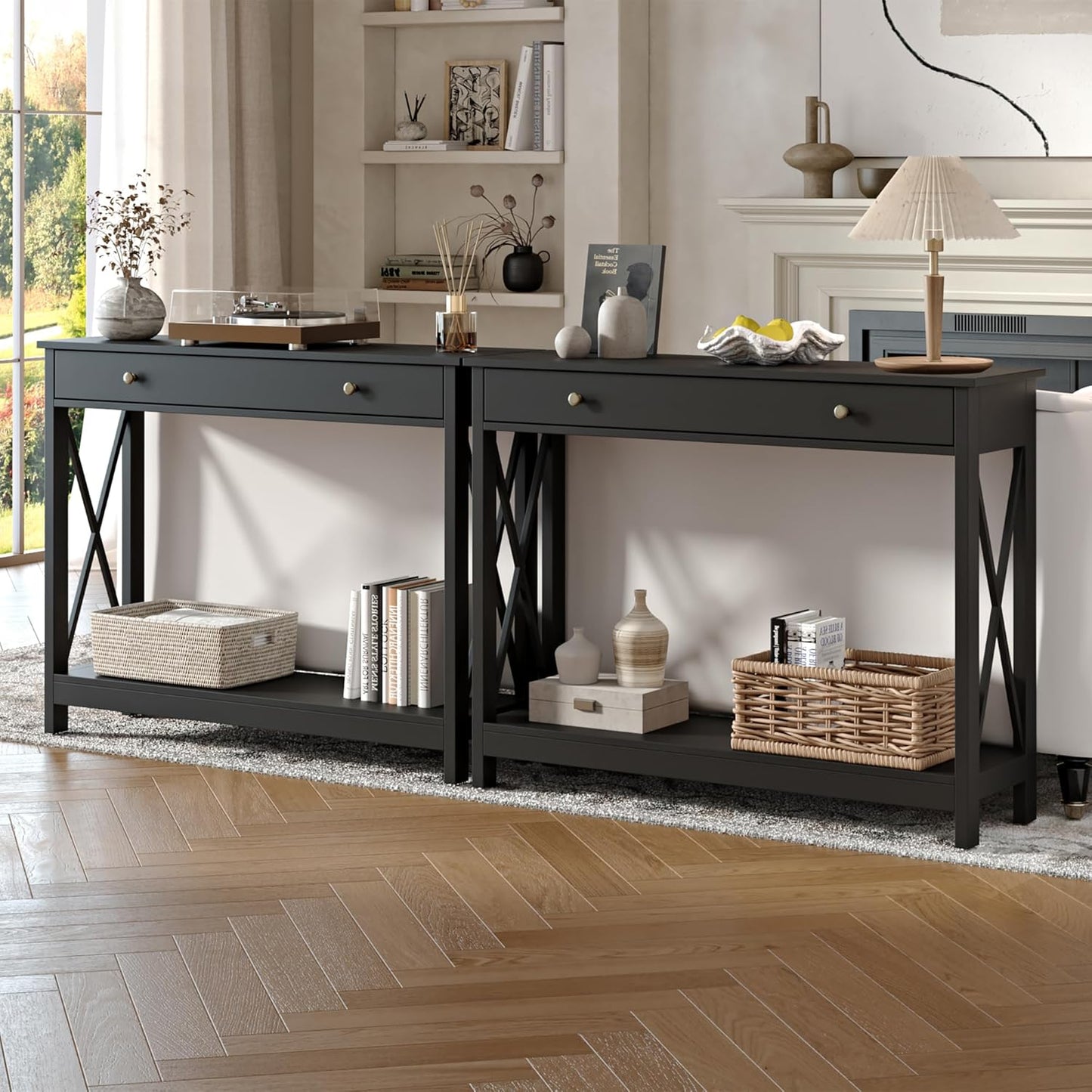 Treocho Black Console Table with Drawer and Storage Shelves, Foyer Sofa Table Narrow for Entryway, Living Room, Hallway