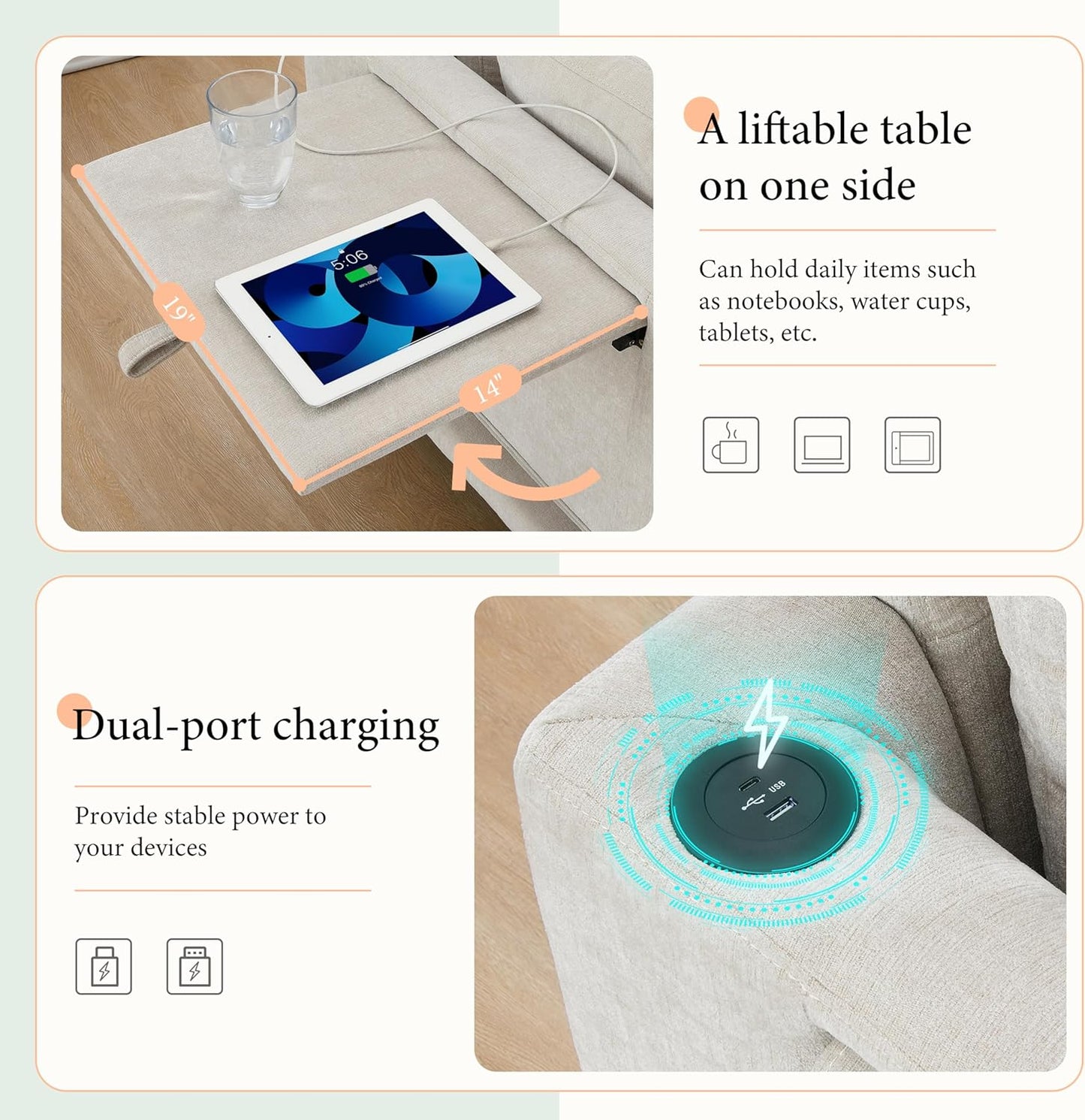 Ball & Cast Oversized Modular L Shaped Sectional Sofa W/Movable Ottoman and USB Ports,5 Seater Chenille Couch W/ 2 Armrest Pillows,Side Pocket & Folding Table,for Living Room,Apartment,Beige,130"