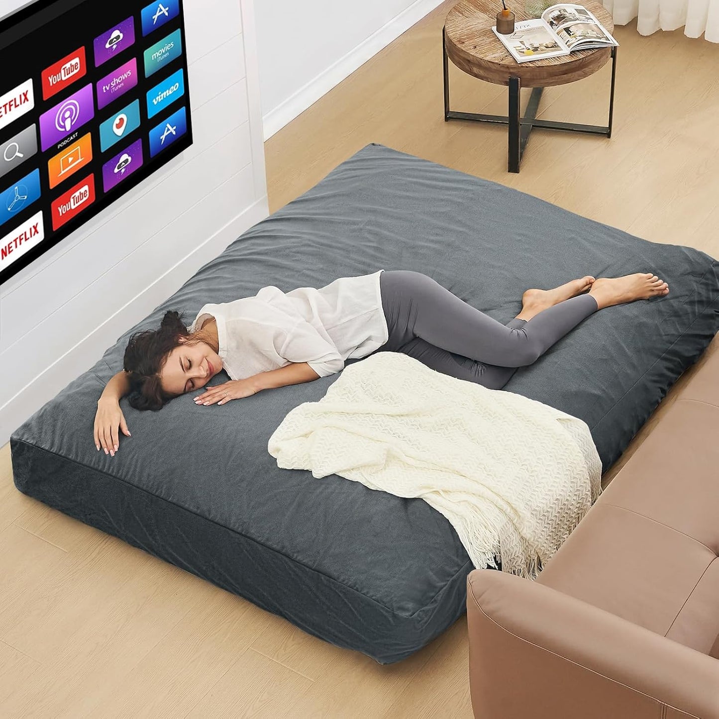 Bean Bag Chairs for Adults - Giant Bean Bag Chair Convertible Bean Bag Bed - Beanbag Chair with Micro Fiber Cover/Furniture Foam Filler - Floor Couch Sofa in Bedroom Dorm Room - Queen Charcoal