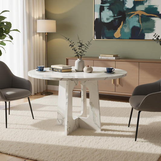 47" Round Dining Table for 4-6, Modern Small Dinner Table Farmhouse Round Kitchen Tables with Marble White Finish for Dining Room, Kitchen, Living Room, Marble White