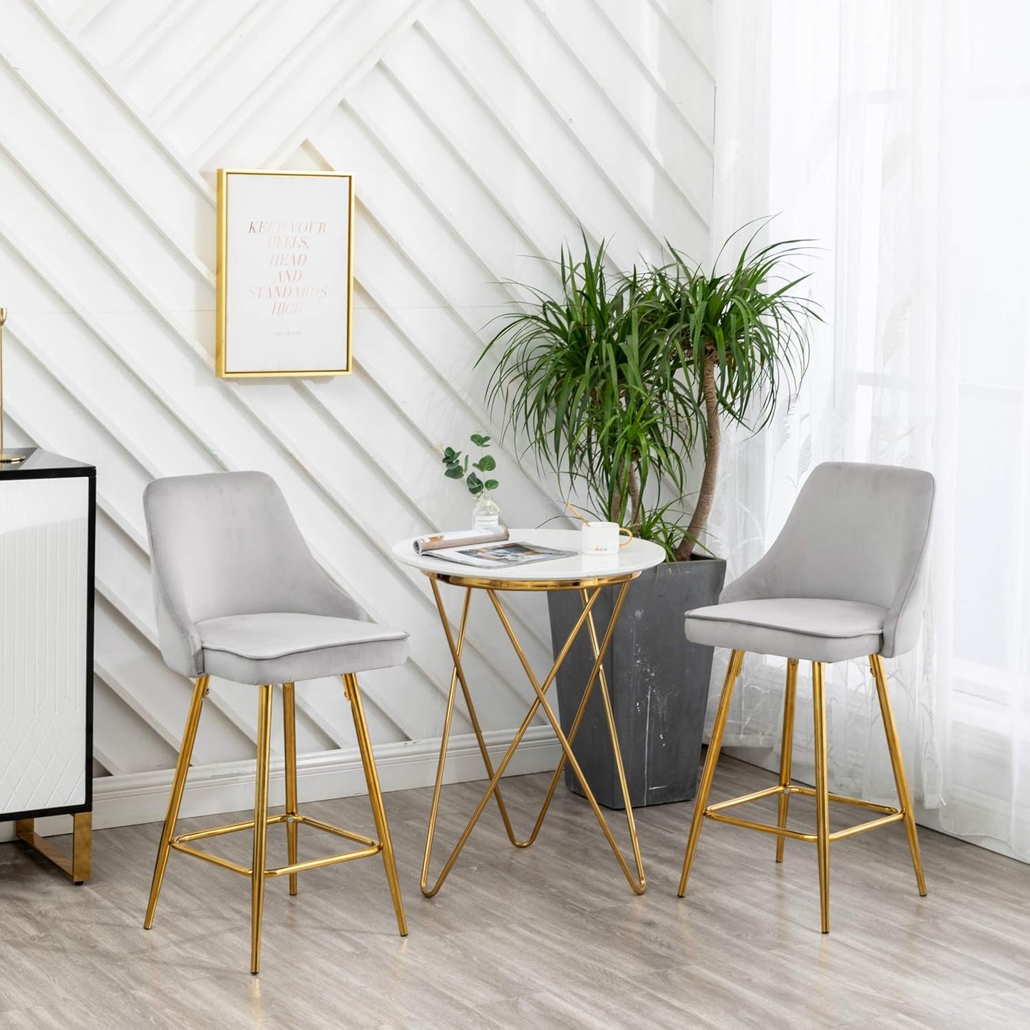 BTEXPERT Set of 2. Upholstered Dining Bar Chairs Footrest High Back Counter Height Barstools, Tufted Grey Velvet Gold Frame 25" Modern Kitchen Island Stool