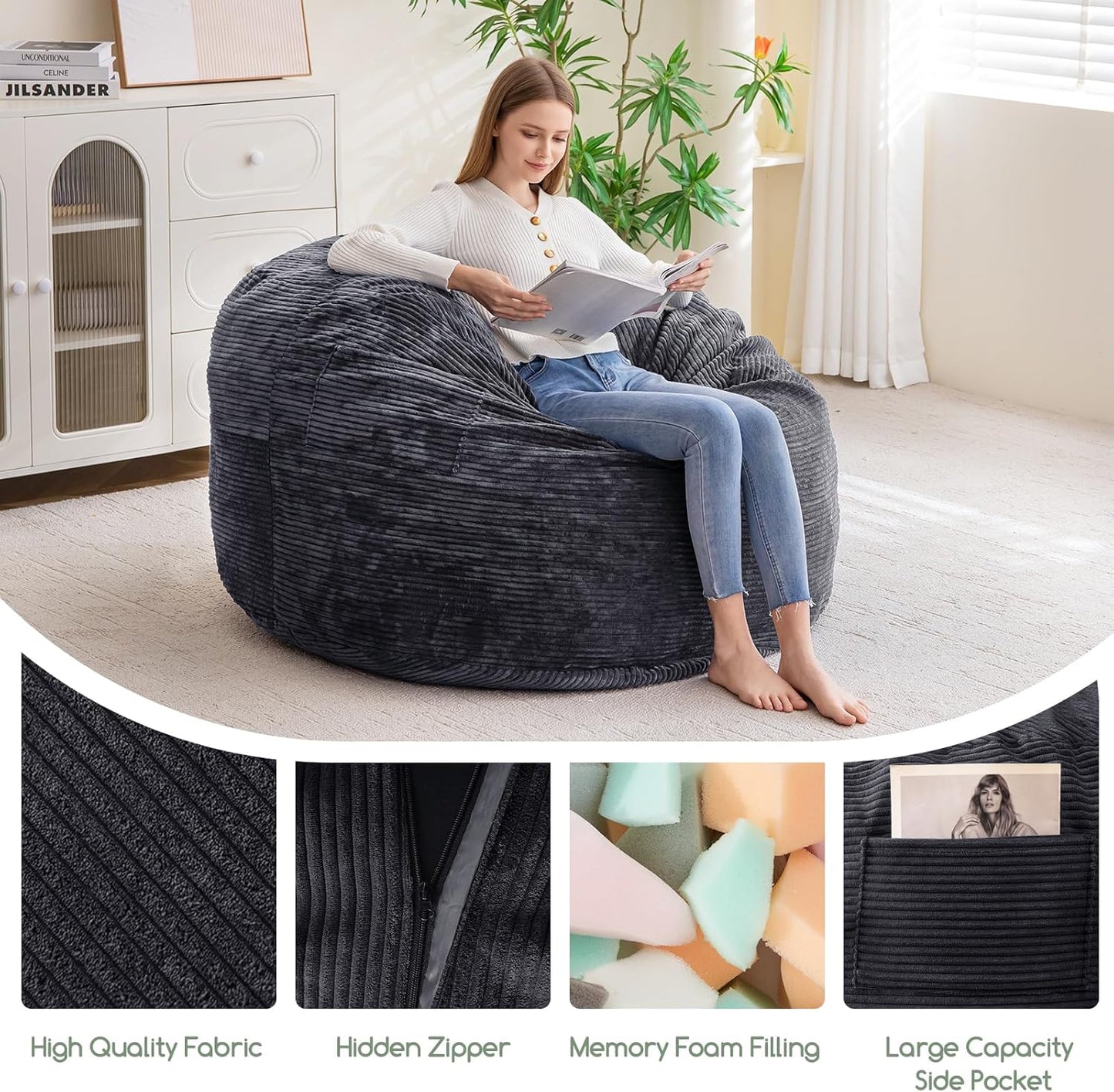 HIGOGOGO Giant Bean Bag Chair Bed for Adults,Convertible Beanbag Folds from Lazy Chair to Floor Mattress Bed,Large Floor Sofa Couch for Adult,Couples,Family,High-Density Foam Filling, Machine Washable