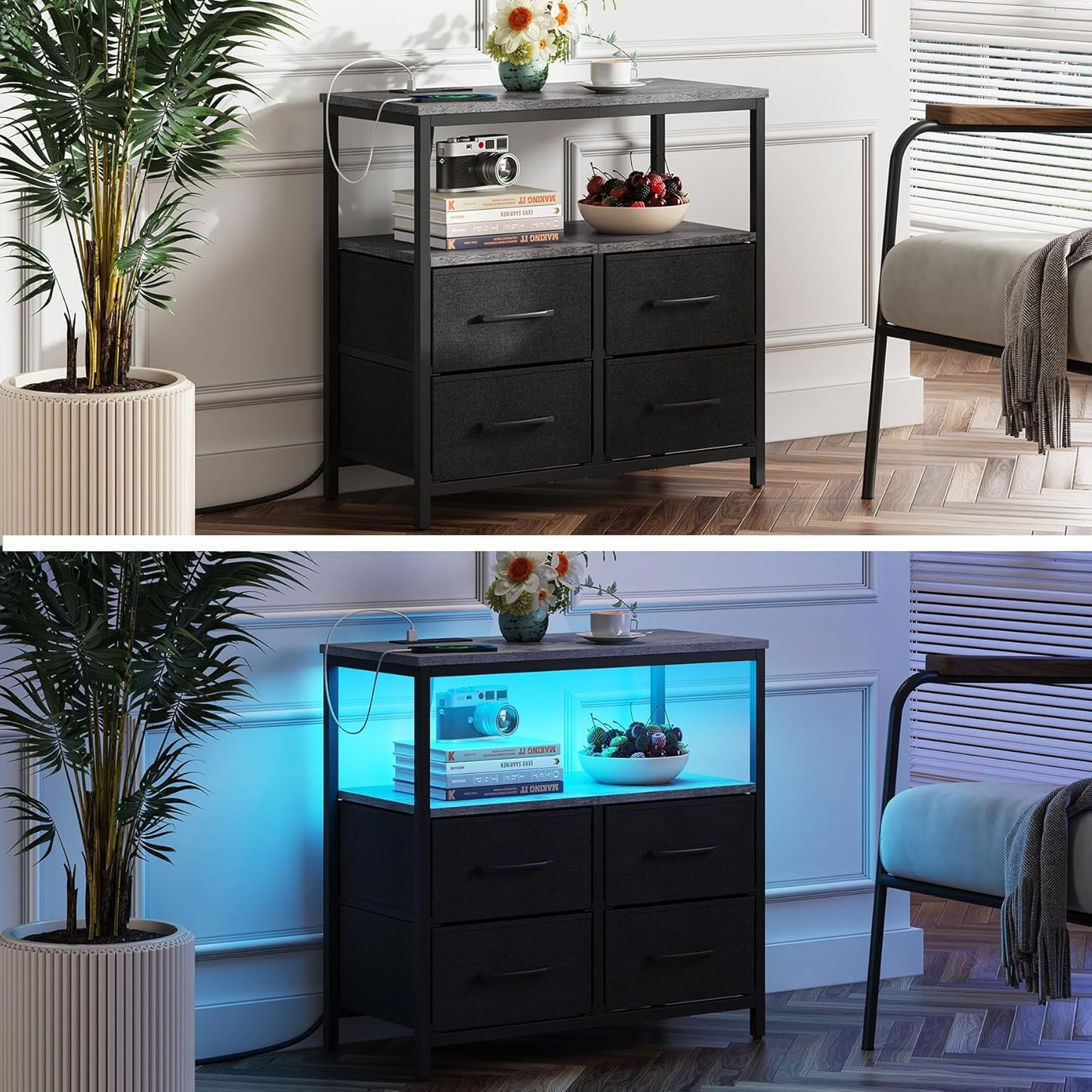 TUTOTAK LED Night Stand with Charging Station, Large Nightstand with USB and Type-C Port, Bedside Table with Cloth Drawers, End Table for Livingroom, Bedroom, Charcoal Grey TB01BY081L