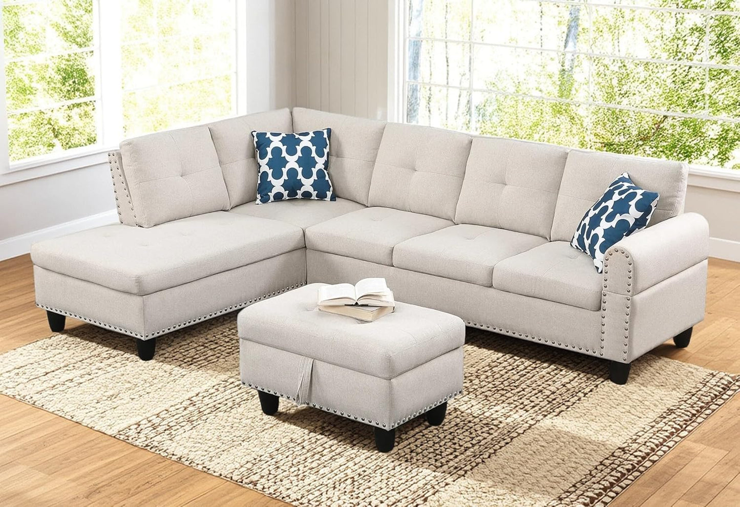 98 Inch L Shaped Sectional Sofa with Chaise Lounge, Storage Ottoman and 2 Pillows, 4-Seaters Linen Upholstered Tufted Couch w/Cupholder & Nailhead Trim for Living Room, Office, Beige