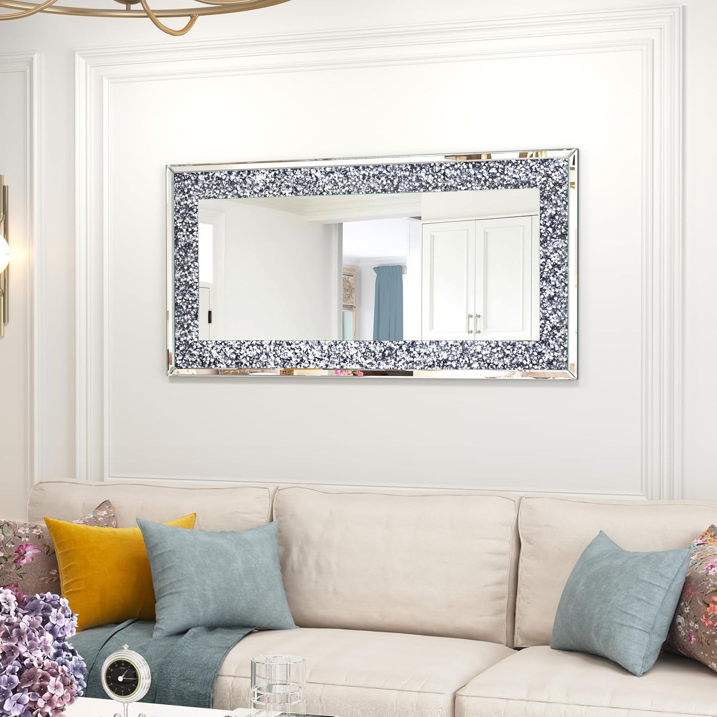 Crystal Crush Diamond Wall Mirror-47 x24 Silver Mirror, Gorgeous Rectangle Mirrors for Wall Bathroom, Bedroom, Dining Room and Living Room