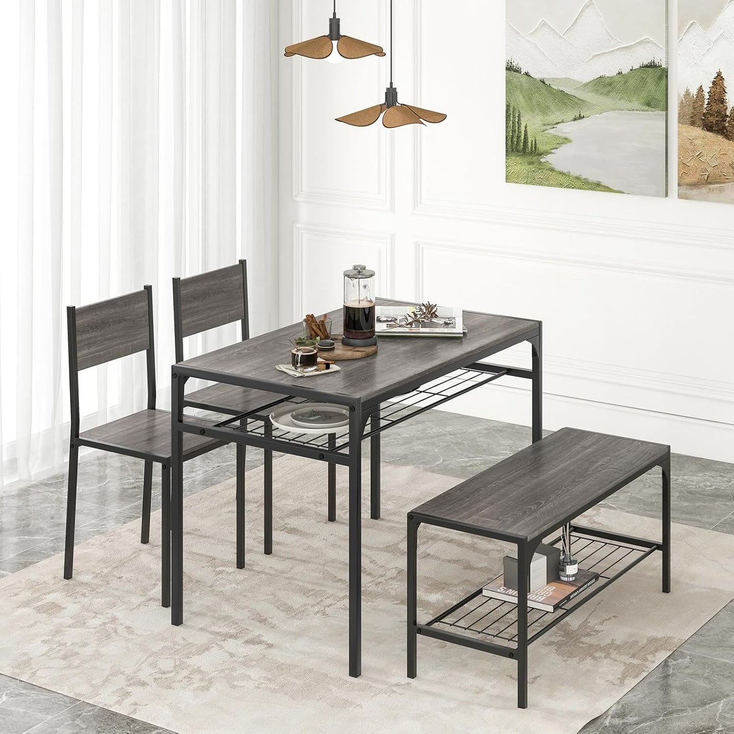 Giantex Dining Table Set for 4, Kitchen Table with Chairs & Bench, Storage Racks, Metal Frame, 4-Piece Space-Saving Dinette Set for Dining Room, Breakfast Nook, Small Space, Apartment, Grey