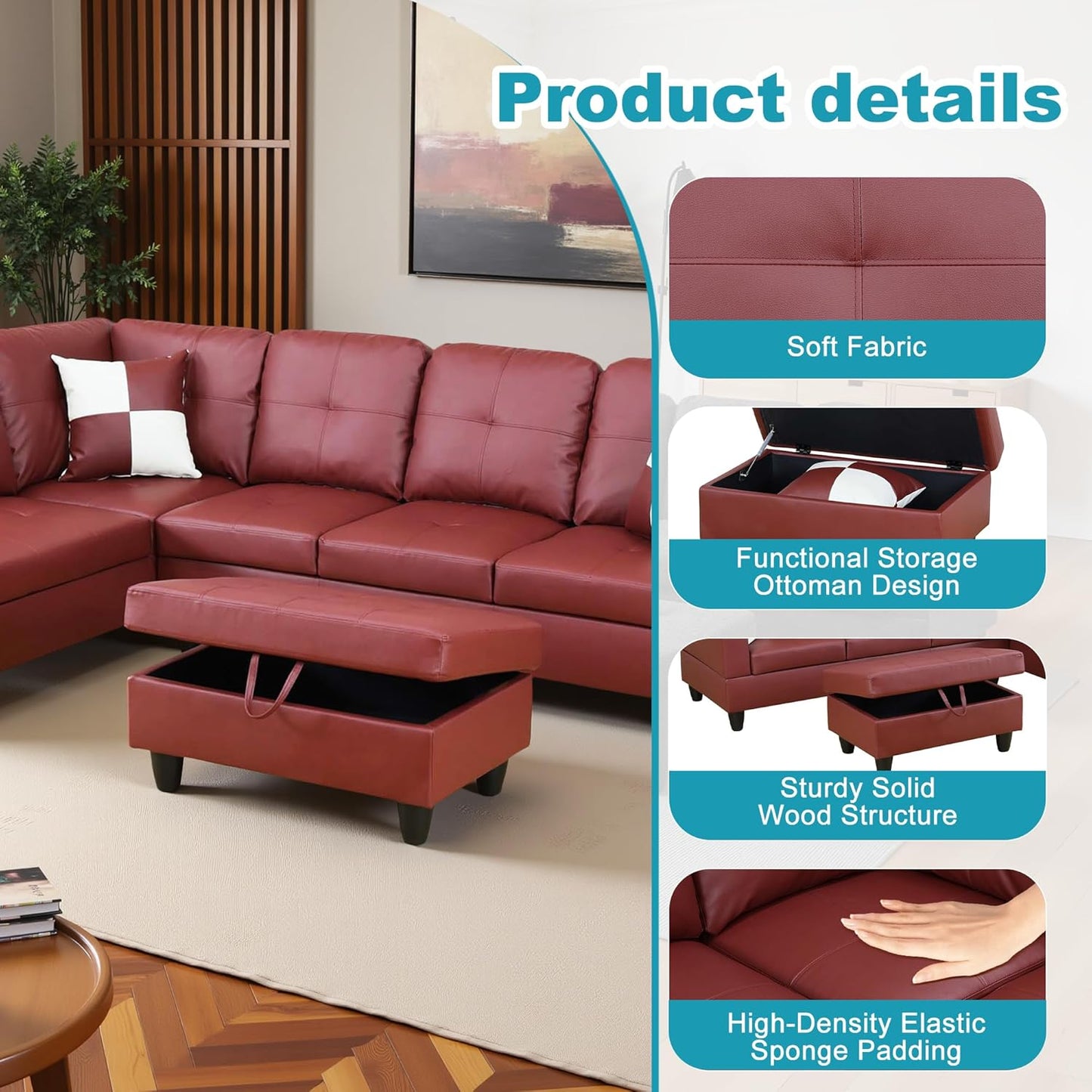 L Shaped Couch Faux Leather Sectional Couch Upholstered 3 Pieces Sofas for Living Room with Chaise, Storage Ottoman for Office and Small Apartment, Dark Red
