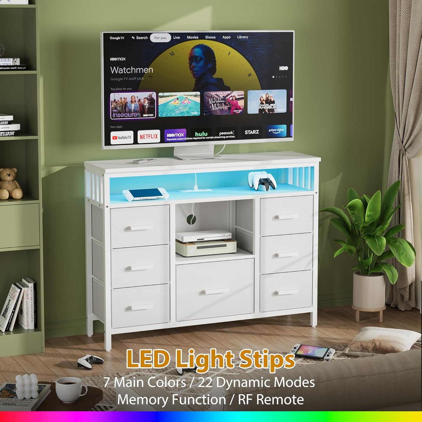 7 Drawer Dresser TV Stand with Power Outlets and LED Lights, Entertainment Center with Open Shelf, Media Console for 50“ TV, Dresser for Bedroom (White)