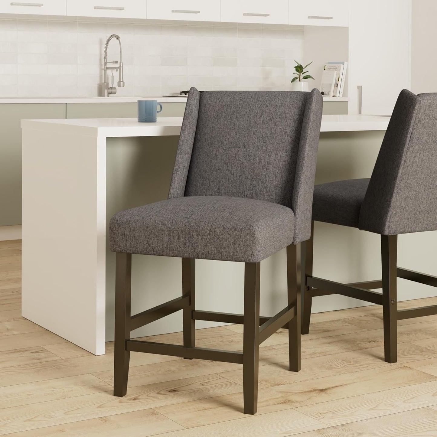 Homepop Home Decor | Modern Counter Stool | Counter Stools With Back | Decorative Home Furniture, Gray 24 inch, Pewter Woven