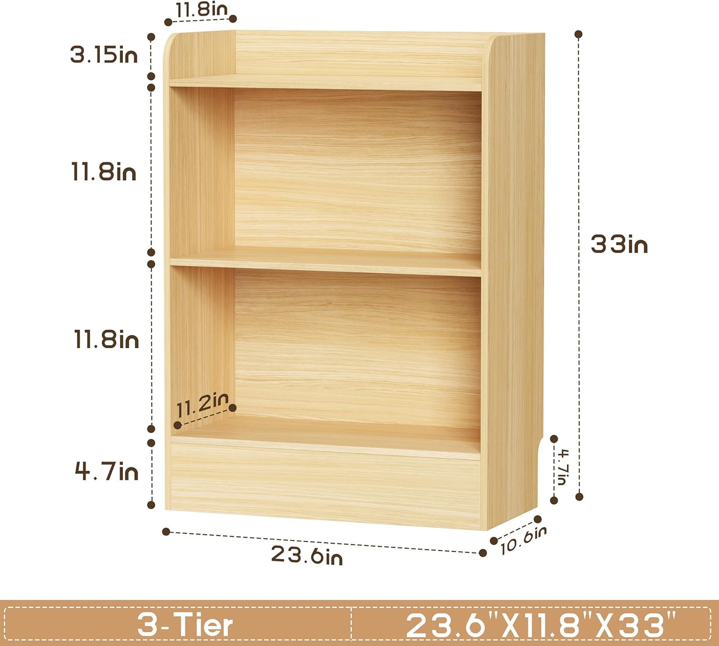 Lkeiyay Kids Bookshelf and Toy Storage Organizer, 3-Tier Wood Montessori Shelf for Bedroom, Playroom, Nursery, Classroom (Natural)