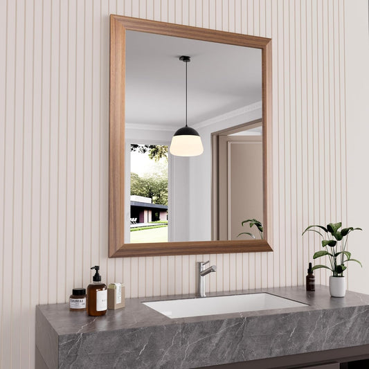 Amorho Bathroom Mirror, 28 X36 Inch Wall Mirror, Walnut Wood Grain Metal Framed, Anti-Rust, Hang Horizontally/Vertically, Suitable for Bedroom, Farmhouse, Bathroom, Decorative