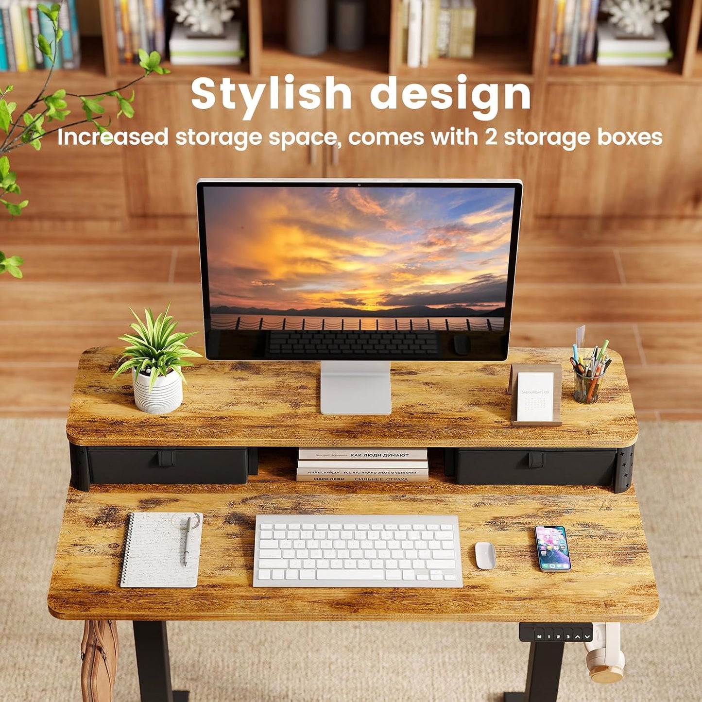 Small Standing Desk With Drawers and Brushless Motor,Electric Sit Stand Desk for Walking Pad,Ergonomic Stand Up Desk for Home Office & Gaming,3 Memory Height Preset & Hooks(35" x 20", Rustic Brown）