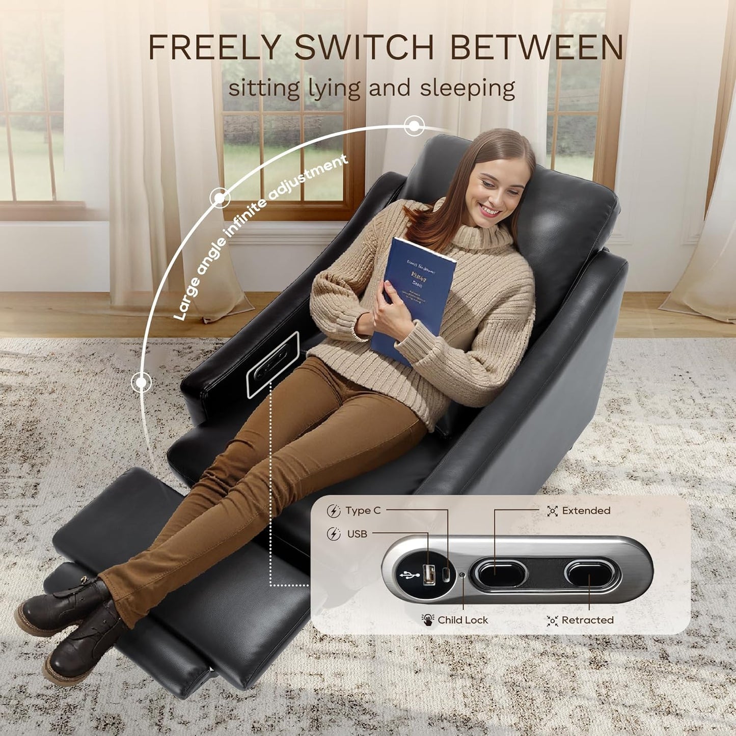 COLAMY Pushback Electric Recliner Chair Set of 2, Premium Leather Upholstery with Adjustable Angles, Extra Lumbar Pillow, Built-in Charging Port, Business-Casual Style for Living Room,Black