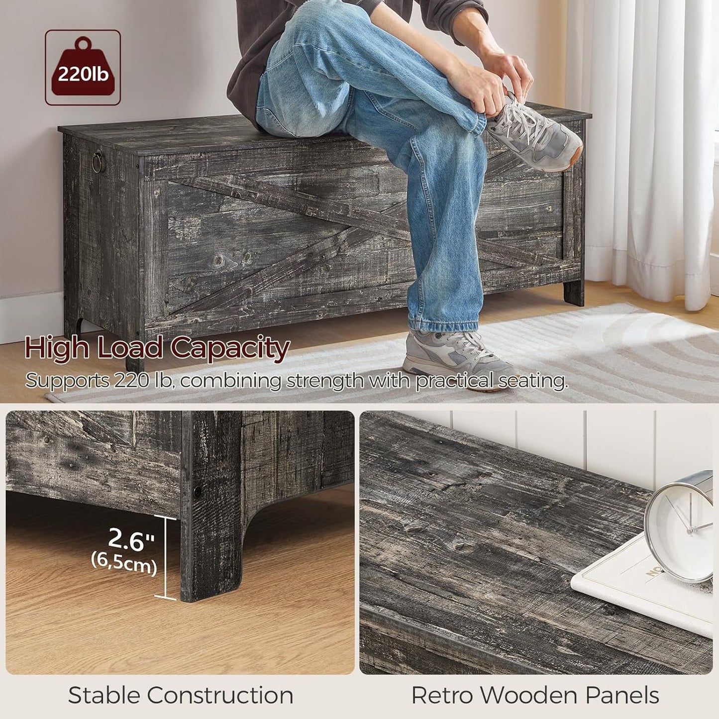 47.2" Toy Chest, Sturdy Entryway Storage Chest with Safety Hinges, Retro Toy Box, Wooden Look Accent Furniture for Living Room, Bedroom, Vintage Gray SCRP48801