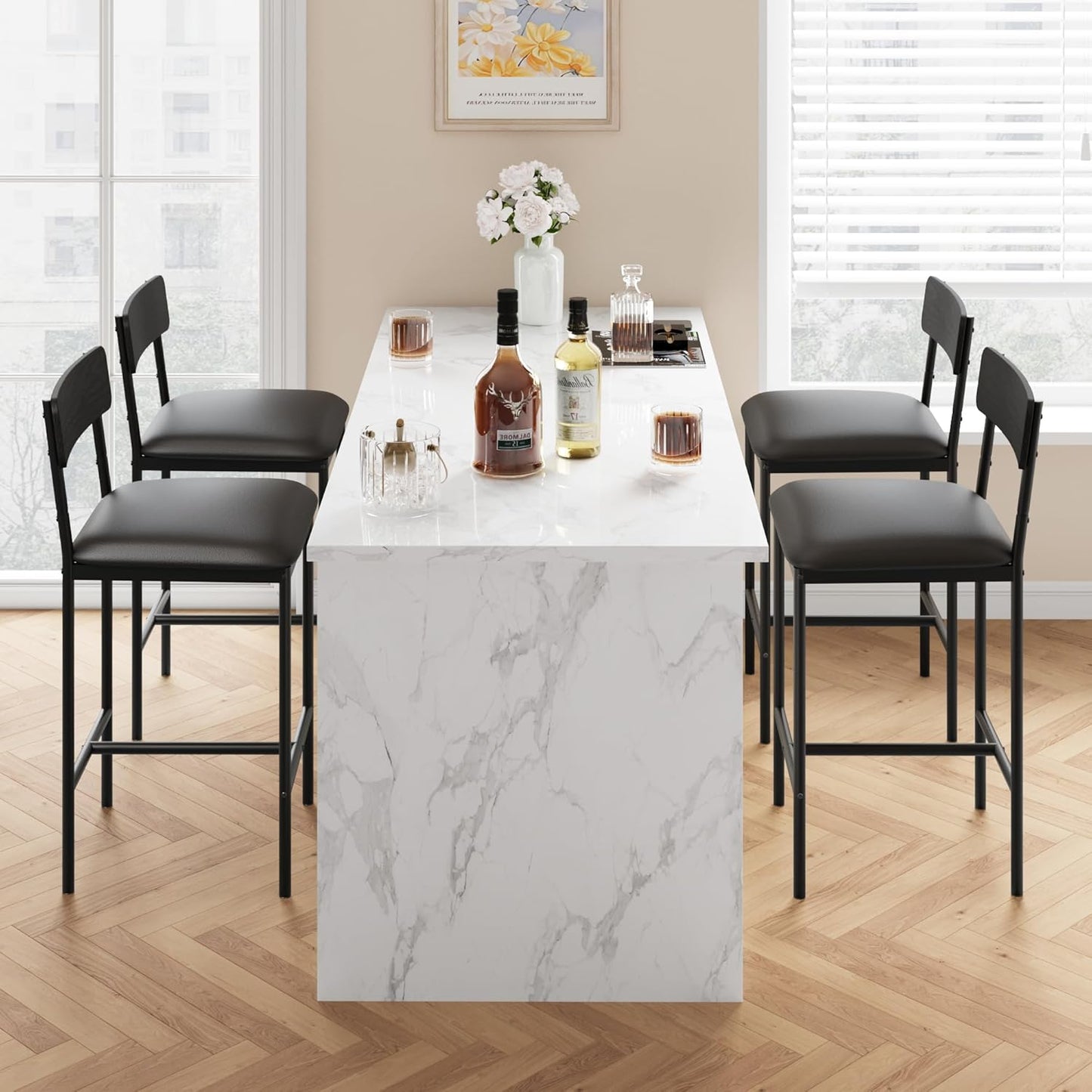 GarveeHome Bar Stools Set of 4, Upholstered Counter Height Bar Stools with Backrest and Footrest, Kitchen Barstools for Island, Counter Bar, Easy Assembly, Rustic Black