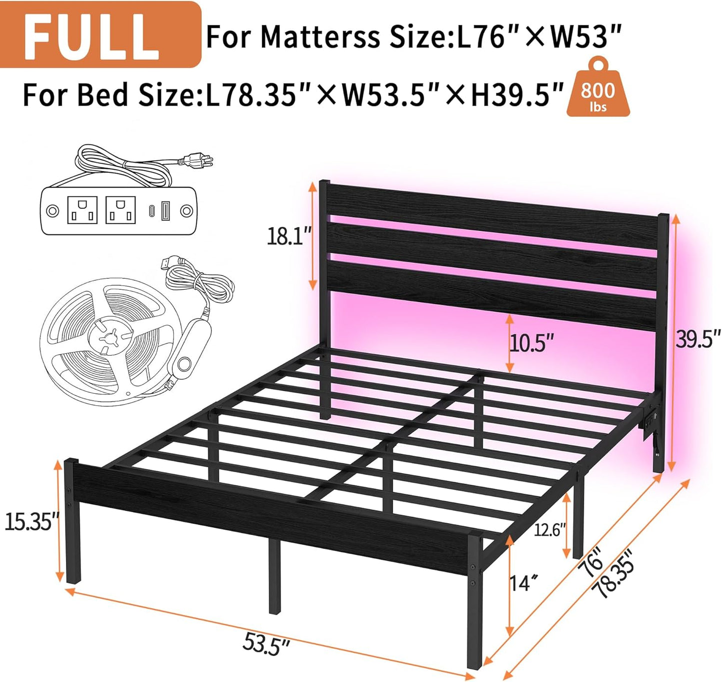 Full Size Bed Frame with Headboard,Heavy Duty LED Bed Frame with USB Charging Station,Mattress Foundation-Under Bed Storage, No Box Spring Needed, Noise Free，Black