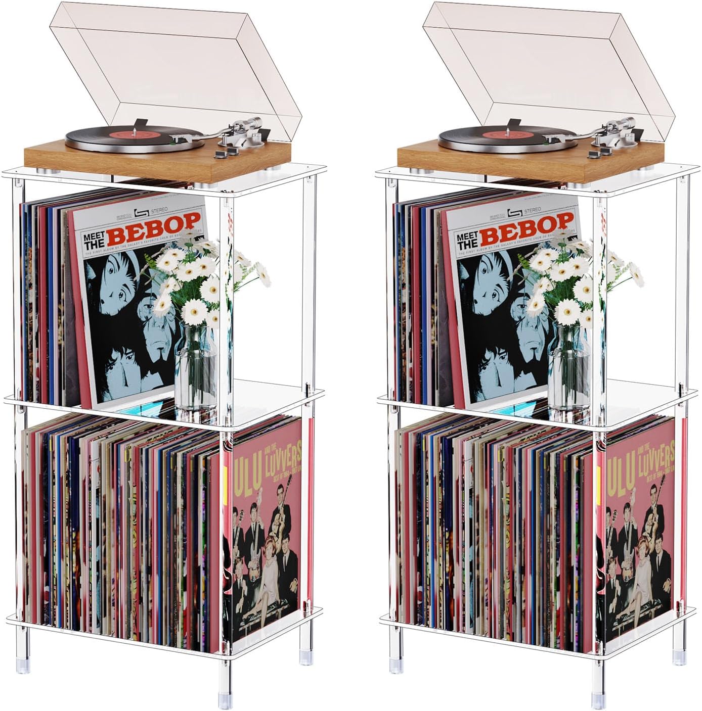 Acrylic Record Player Stand Set of 2, 3-Tier Clear Turntable Table with Vinyl Record Storage, 15.75" L x 11.81" W x 30.7" H, Tall Modern Side Table/End Table for Living Room, Bedroom