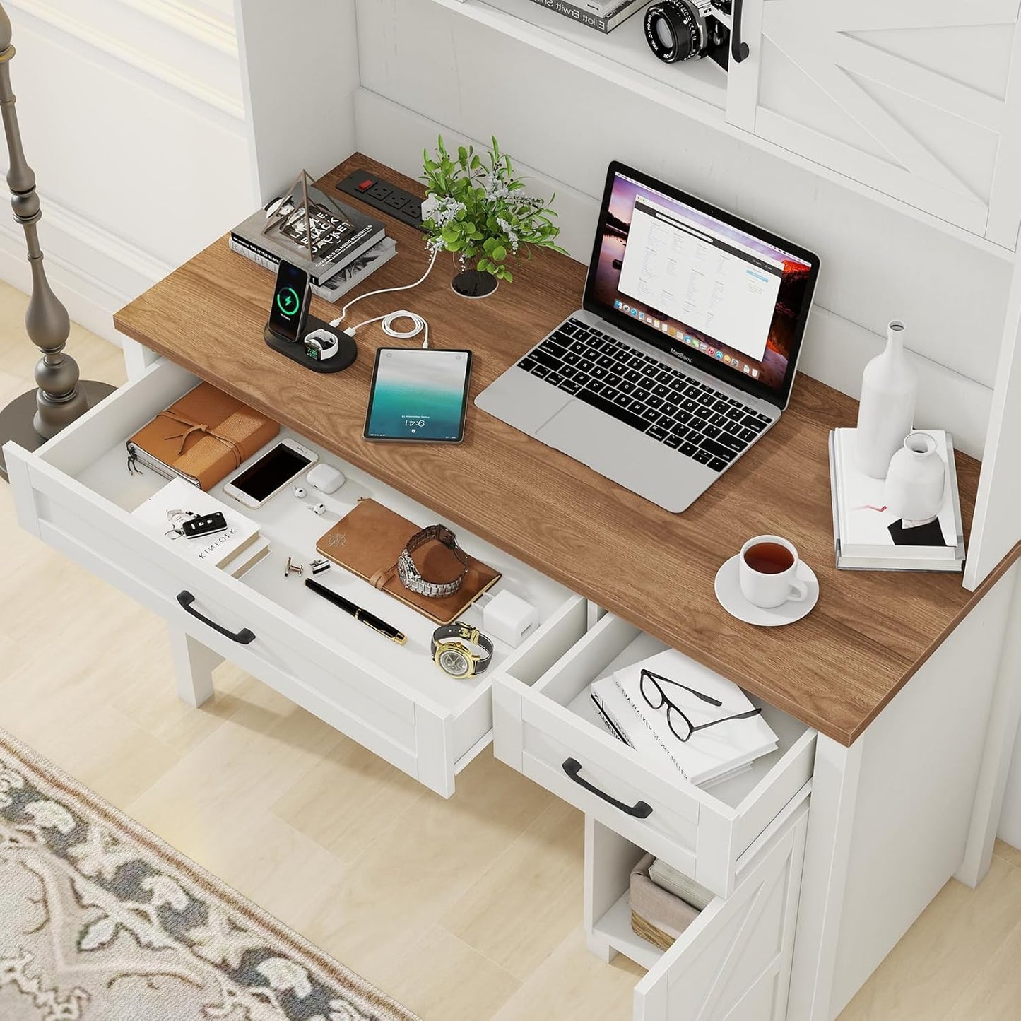 Farmhouse 47" Executive Desk, Computer Desk with Drawers and Storage Cabinet, Home Office Desks with Hutch and Charging Station, Workspace for Work & Study (Unique White).