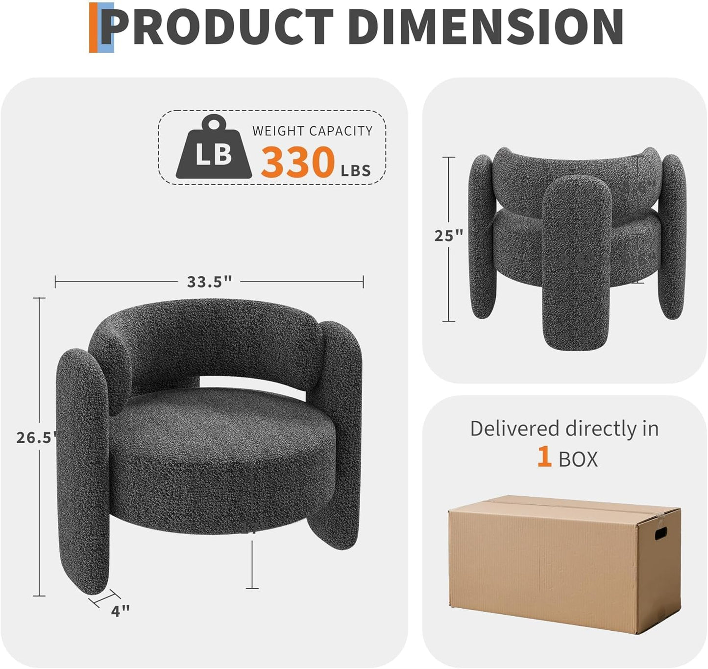 Modern Chenille Accent Armchair， Mid-Century Upholstery, Round Corners for Living Room, Bedroom, Office, or Cafe，Grey