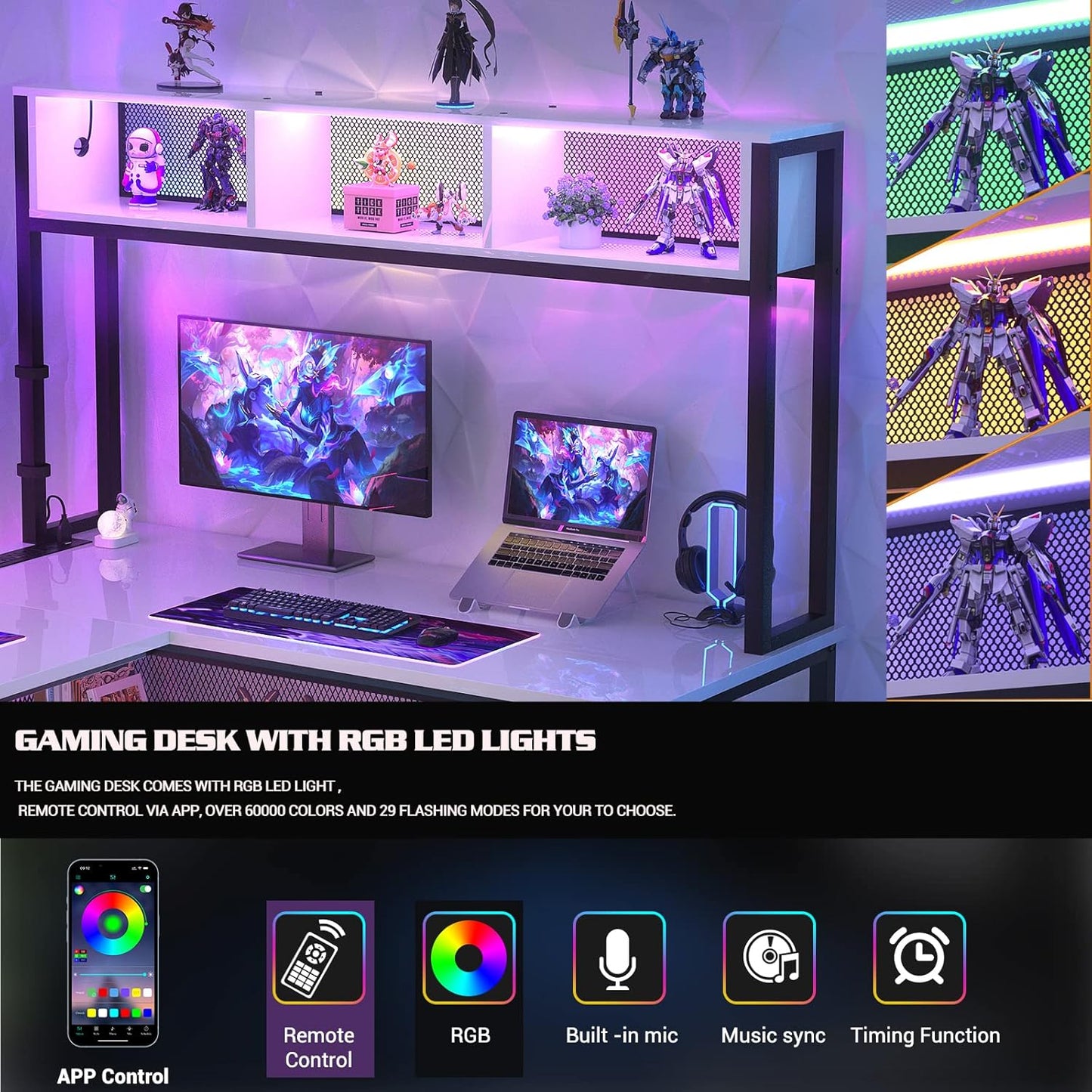 Unikito L Shaped Computer Desk with LED Strip and Power Outlets, Storage Shelves and Bag, Industrial Reversible Gaming Table Writing Corner Desk for Home Office Workstation, White