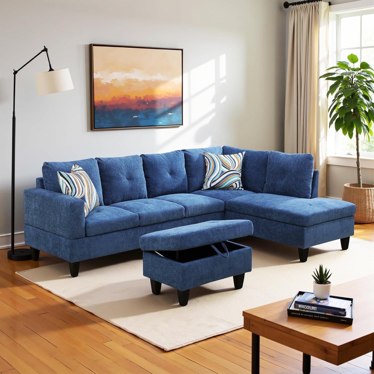 Couches for Living Room Modern L Shaped Couch Comfy Linen Fabric 3 Pieces Sectional Sofa with Chaise, Ottoman with Storage for Office and Small Apartment, Blue