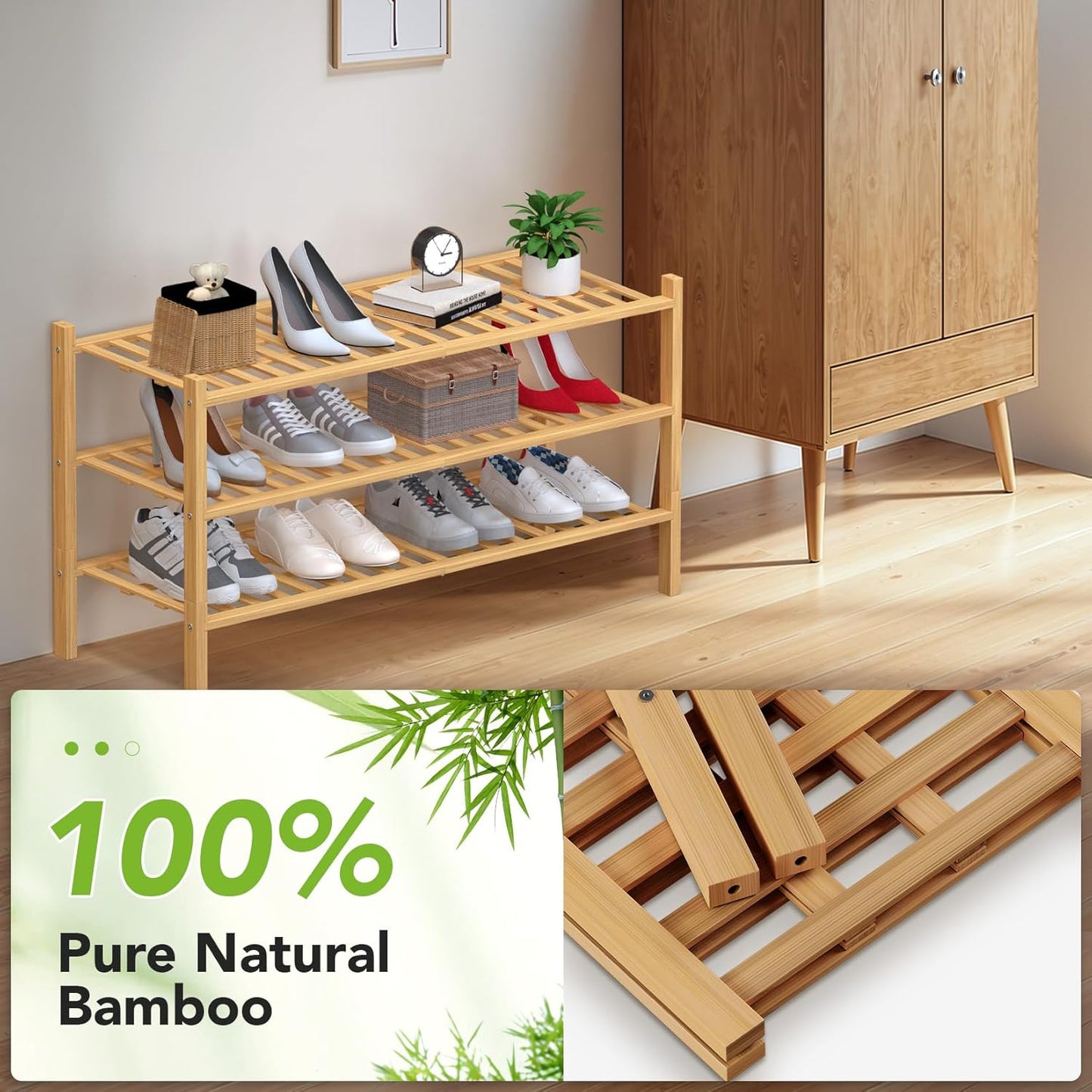 Haddockway Long 3 Tier Bamboo Shoe Rack Storage Organizer,Multifunctional Free Standing Stackable Shoe Shelf with Grid Panel for Closet,Hallway,Entryway,Small Space 34.2"x11"x20"(Natural, 3-Tier Long)