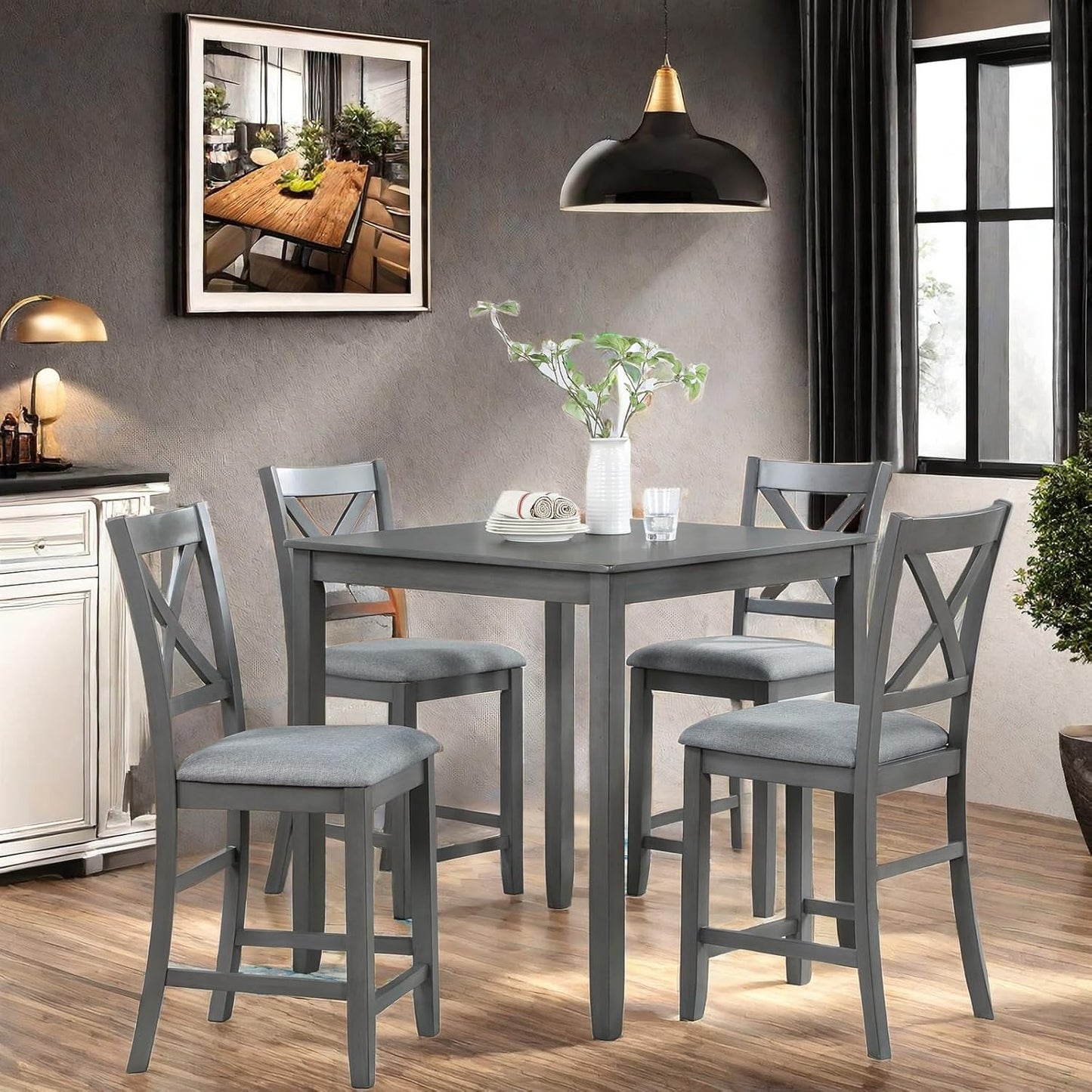 5PCS Dining Table Set, Counter Height Kitchen Table Set with Square Table and 4 Upholstered Chairs, Square Dining Table Set for 4, Gray