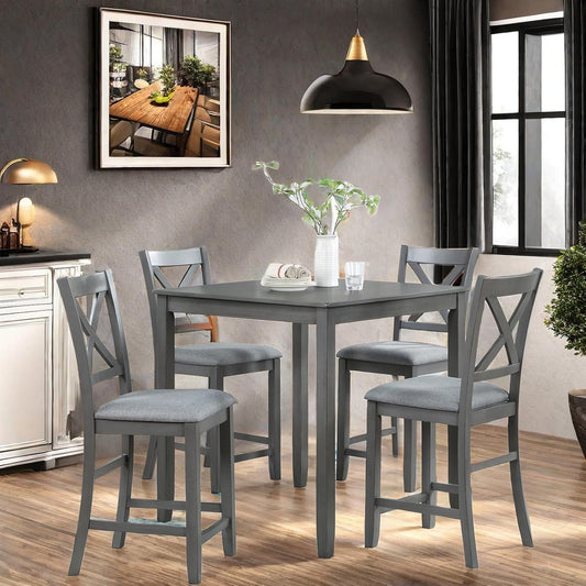 5PCS Dining Table Set, Counter Height Kitchen Table Set with Square Table and 4 Upholstered Chairs, Square Dining Table Set for 4, Gray