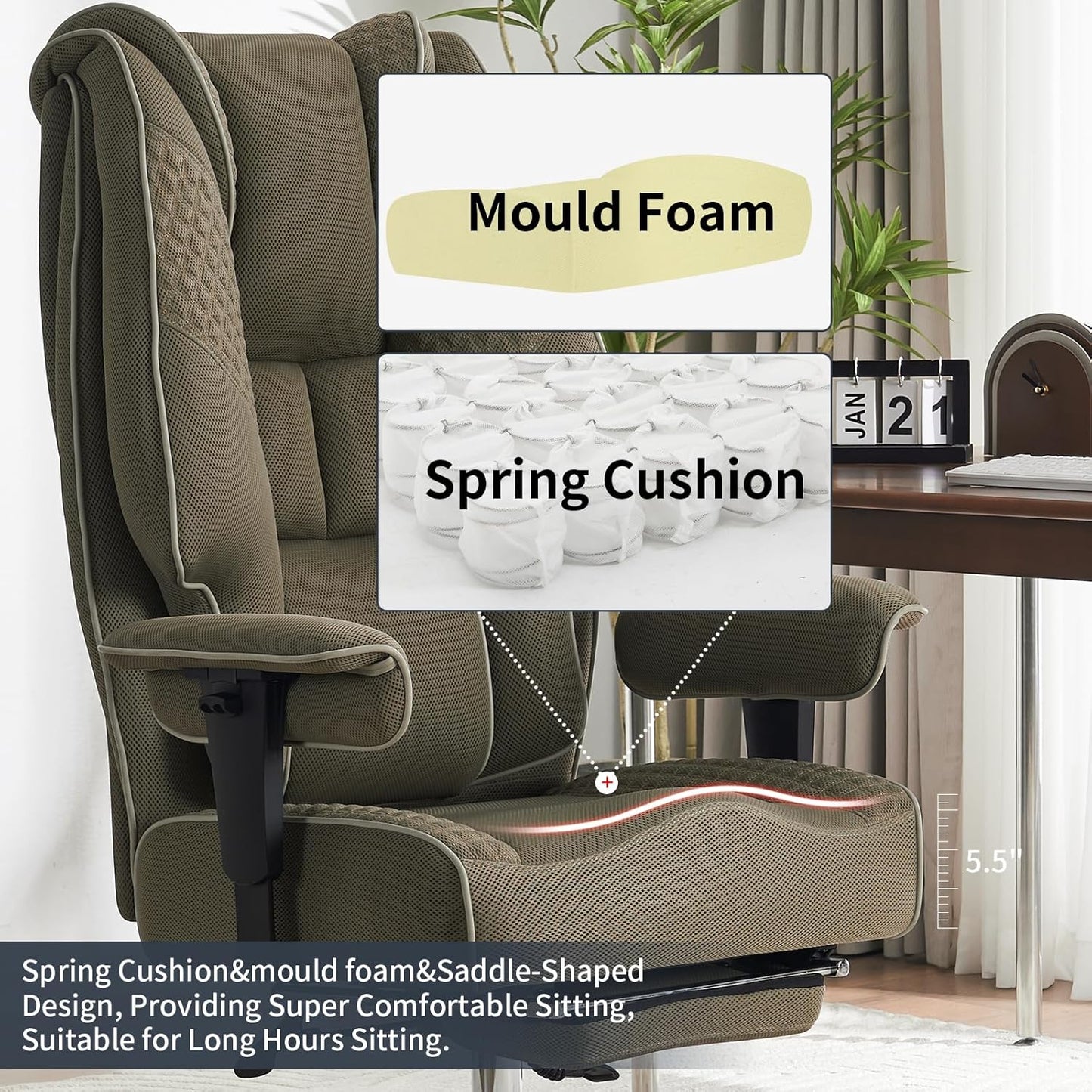 Big and Tall Office Chair 400lbs Wide Seat, Leather High Back Executive Office Chair with Foot Rest, Ergonomic Chairs Lumbar Support for Lower Back Pain Relief (Mesh Light Green)