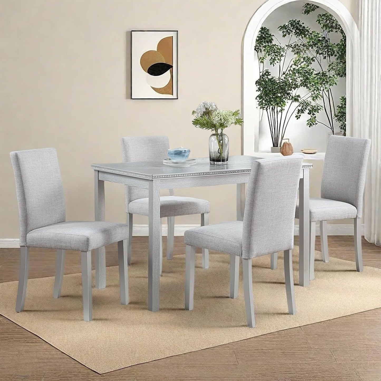 Dining Table Set for 4, 5-Piece Kitchen Table & Chairs Set with Rectangular Table & 4 Upholstered Chairs, 34.5'' Dinner Set with Crystal Decorations & Wood Grain Design, Silver Grey