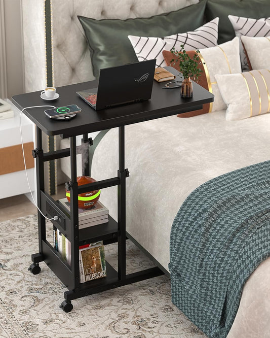 Height Adjustable End Table with Charging Station, Mobile C Shaped Laptop Side Table with Wheels, 3-Tier Sofa Couch Table with Storage Shelve for Living Room Bedroom, Black
