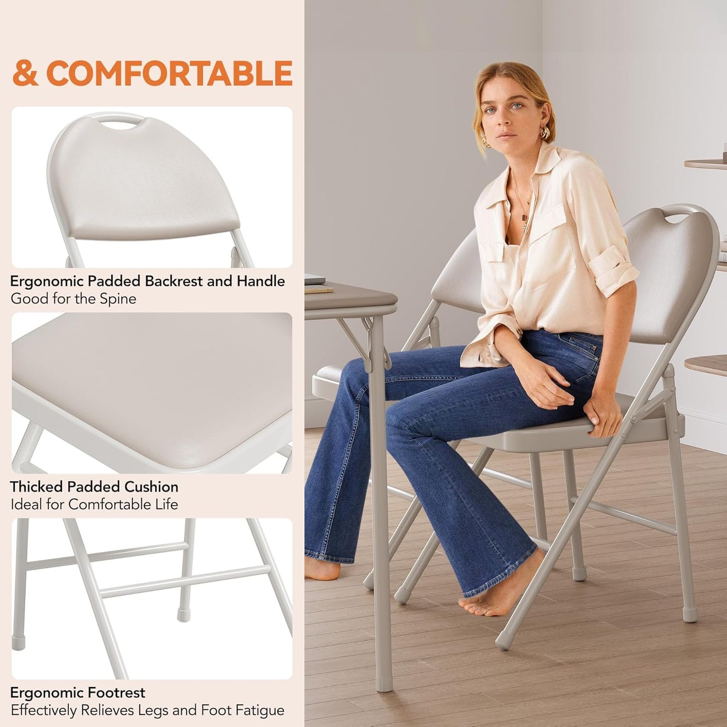 GarveeHome 4 Pack Folding Chairs with PU Leather Padded Cushion and Back, Metal Foldable Chair for Indoor Outdoor, Commercial Stackable Guest Chairs for Camping, Dining Room, Office, Party, Beige