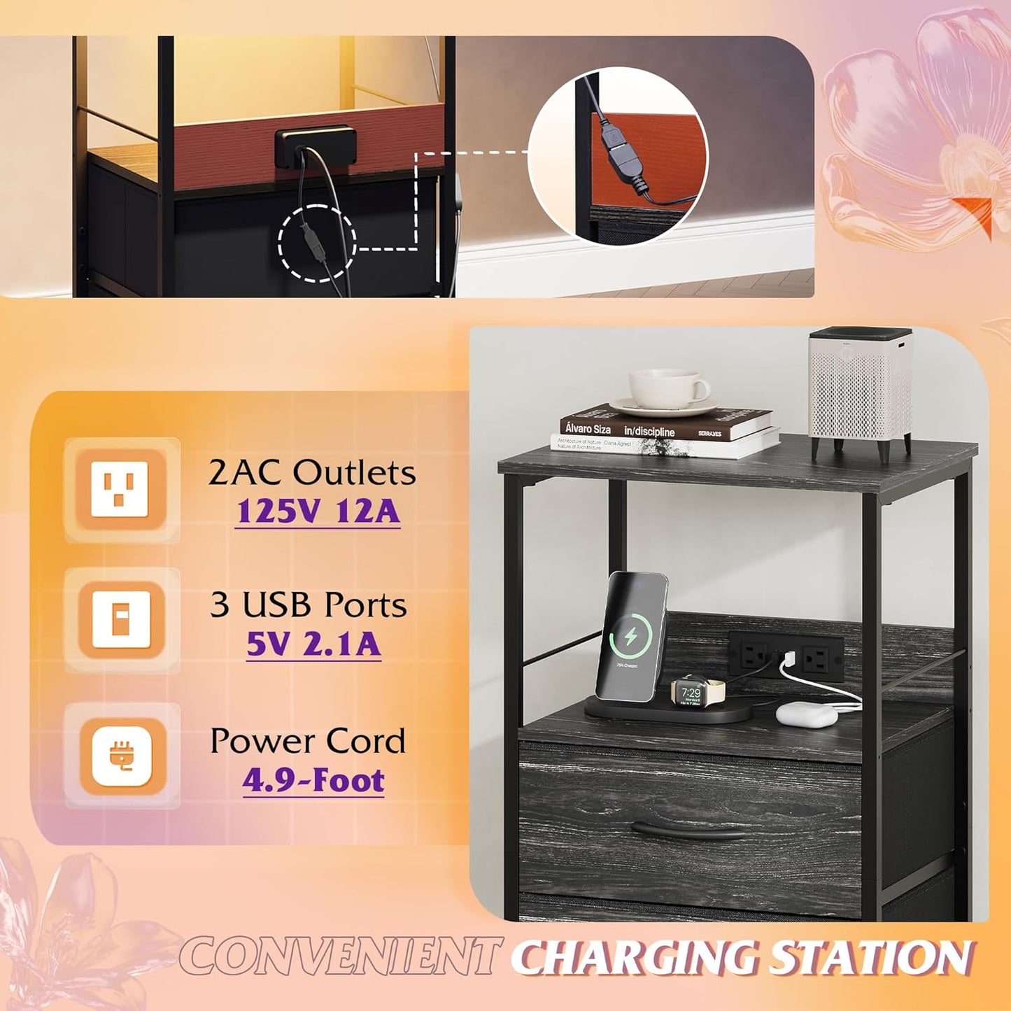 WLIVE Night Stand with Charger Station, LED Nightstand for Bedroom, Small Dresser with 2 Fabric Drawers for Small Spaces, Bed Side Table, Charcoal Black and Wood Grain Print