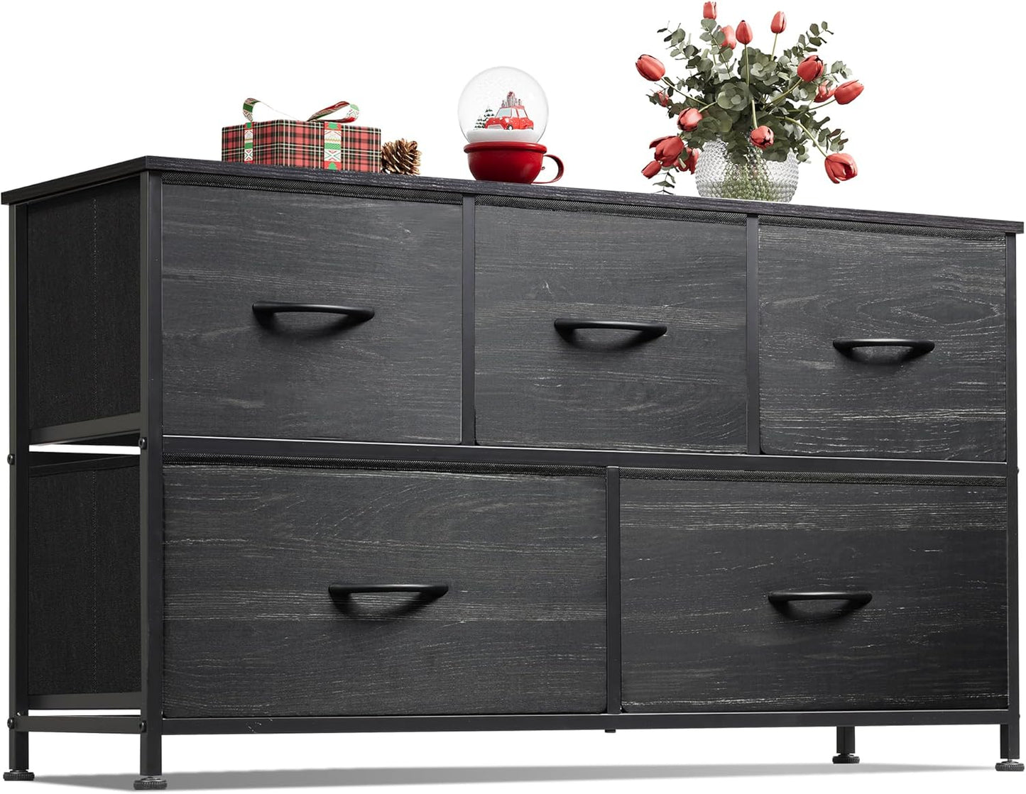 WLIVE Dresser for Bedroom with 5 Drawers, Wide Chest of Drawers, Fabric Dresser, Storage Organizer Unit with Fabric Bins for Closet, Living Room, Hallway, Charcoal Black Wood Grain Print