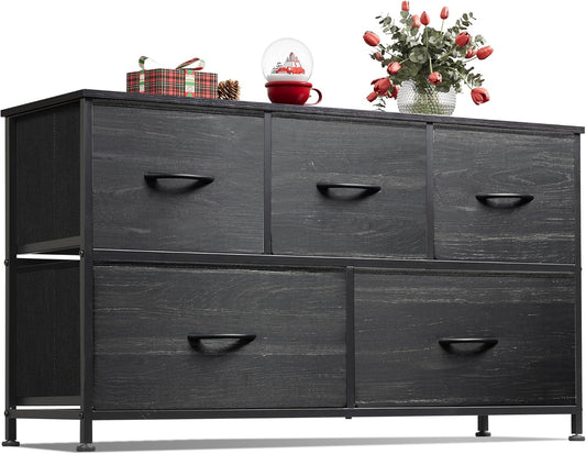 WLIVE Dresser for Bedroom with 5 Drawers, Wide Chest of Drawers, Fabric Dresser, Storage Organizer Unit with Fabric Bins for Closet, Living Room, Hallway, Charcoal Black Wood Grain Print