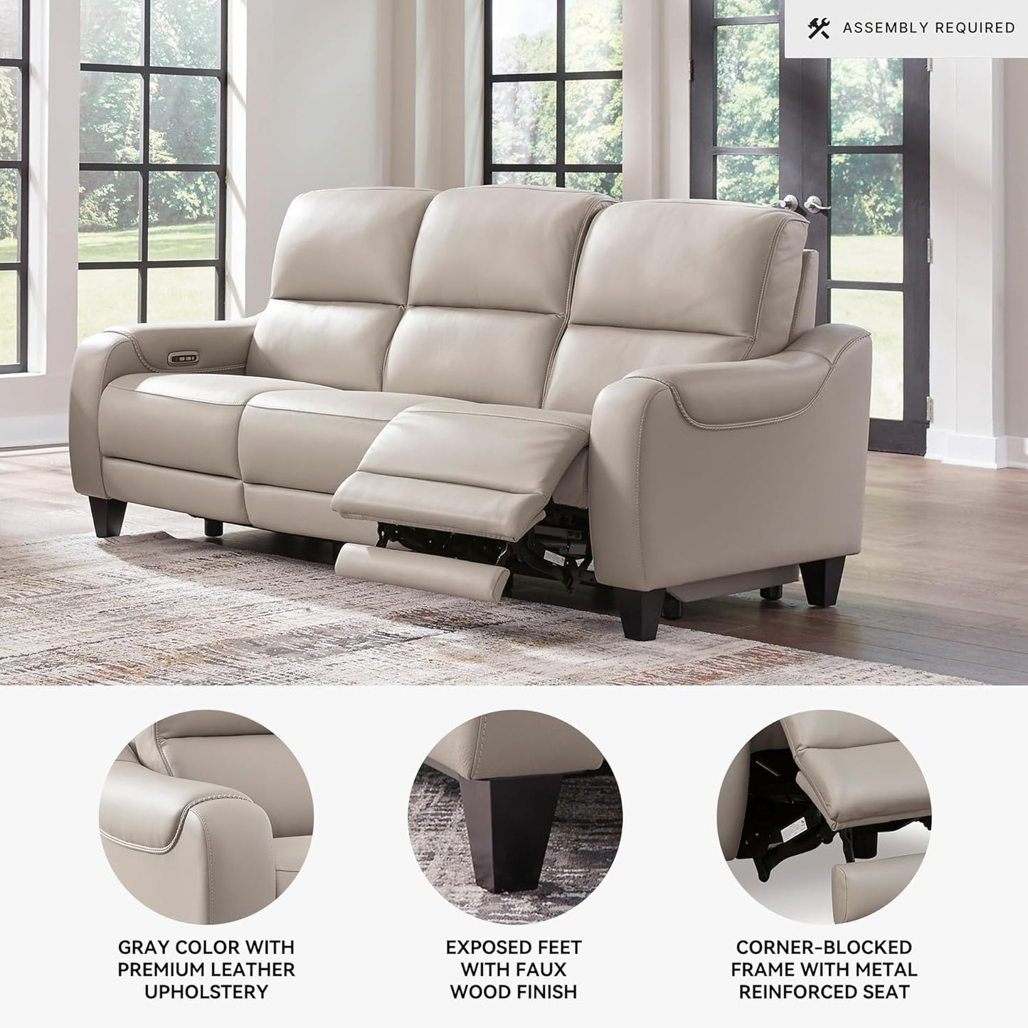 Signature Design by Ashley Mercomatic Casual Leather Match Wall Hugger Power Reclining Sofa with Adjustable Headrest and USB Ports, Light Gray