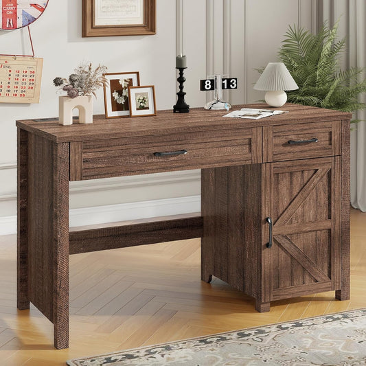 Farmhouse 47" Executive Desk, Computer Desk with Drawers and Storage Cabinet, Workstation Computer Desk for Home Office, Study.Red-Brown