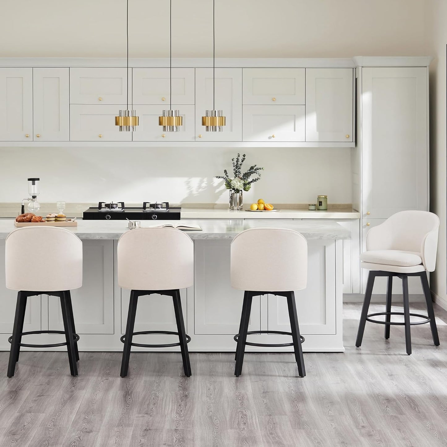 Counter Height Barstools 26 inch Upholstered Swivel Bar Stools with Back and Wood Legs for Kitchen Island,Set of 4,Beige Fabric