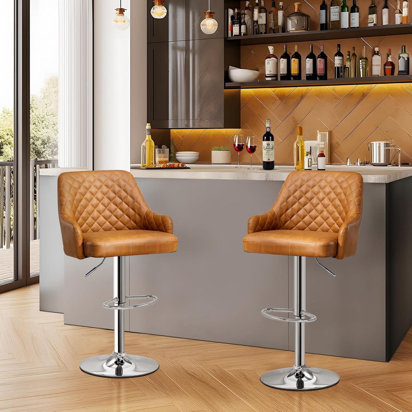 VECELO Adjustable Bar Stools Set of 2, Bar Height Stools for Kitchen Counter,Brown