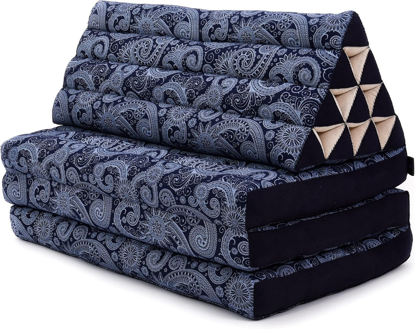 Leewadee Comfortable Japanese Floor Mattress - Thai Floor Bed with Triangle Cushion - Futon Mattress - XL Extra Wide Thai Massage Mat, 67 x 31 inches, Blue White, Kapok Filling
